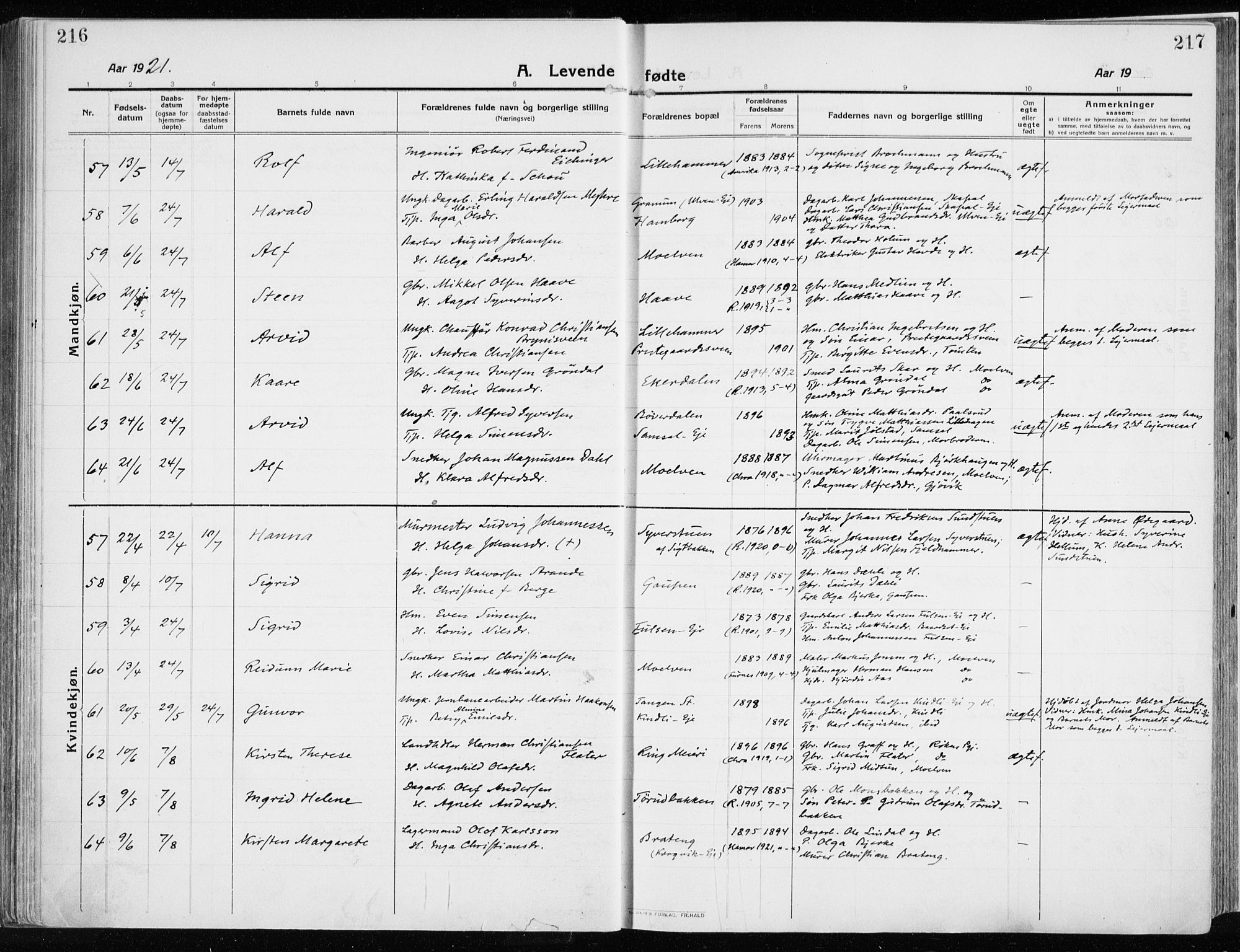 Ringsaker prestekontor, AV/SAH-PREST-014/K/Ka/L0020: Parish register (official) no. 20, 1913-1922, p. 216-217