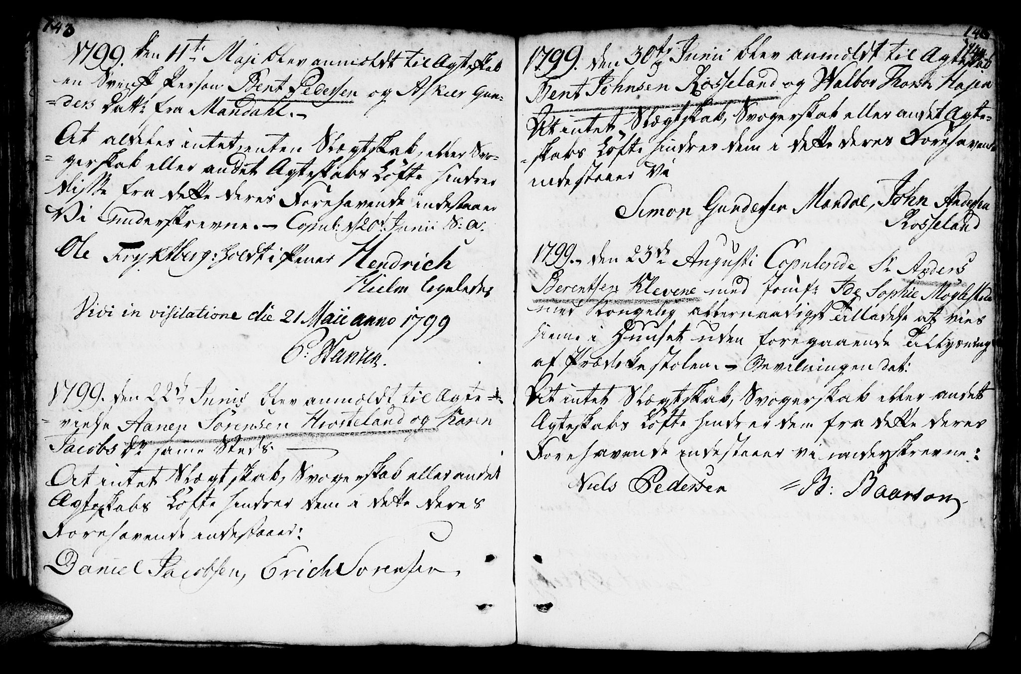 Mandal sokneprestkontor, AV/SAK-1111-0030/F/Fa/Faa/L0007: Parish register (official) no. A 7, 1783-1818, p. 143-144