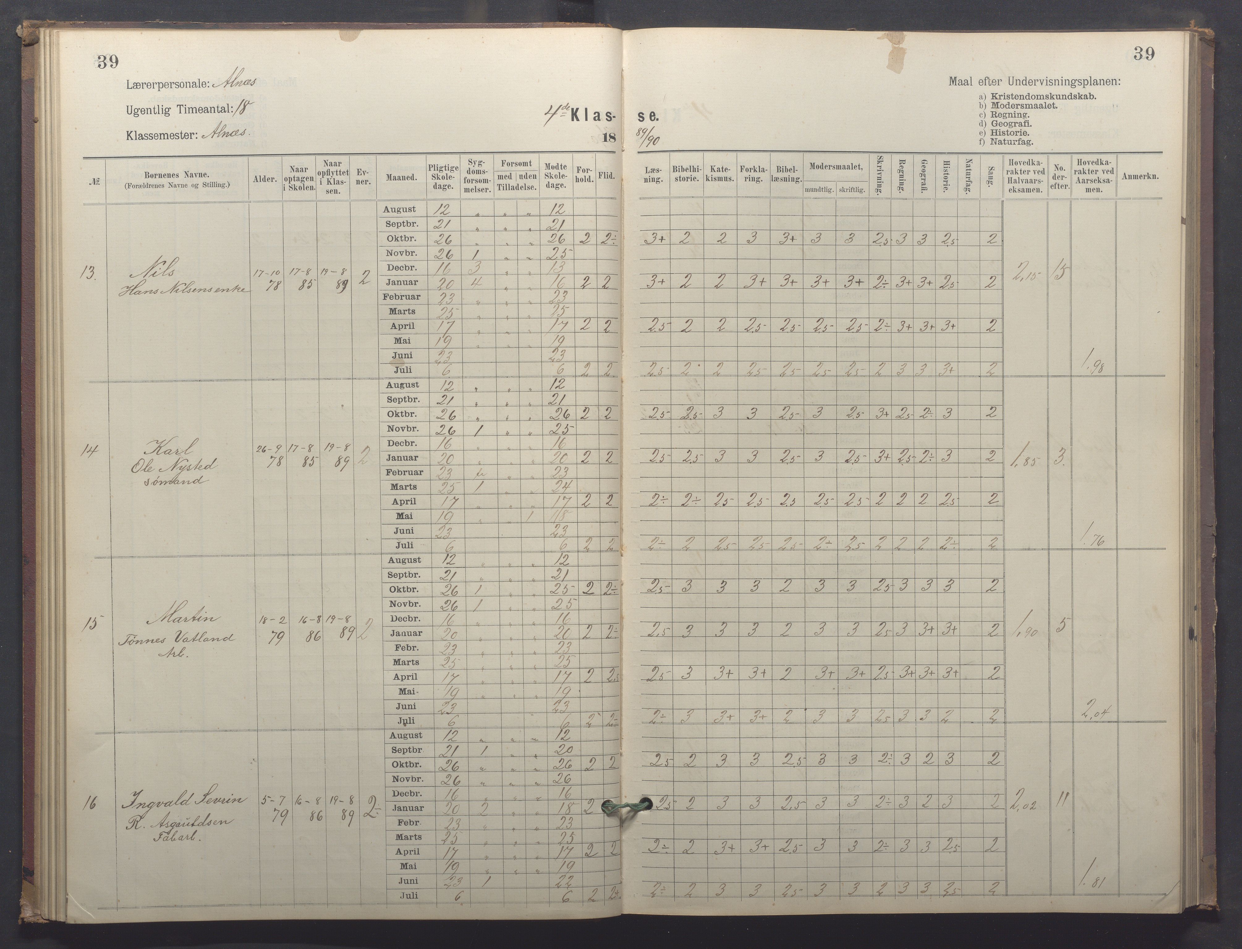 Egersund kommune (Ladested) - Egersund almueskole/folkeskole, IKAR/K-100521/H/L0025: Skoleprotokoll - Almueskolen, 4. klasse, 1887-1892, p. 39