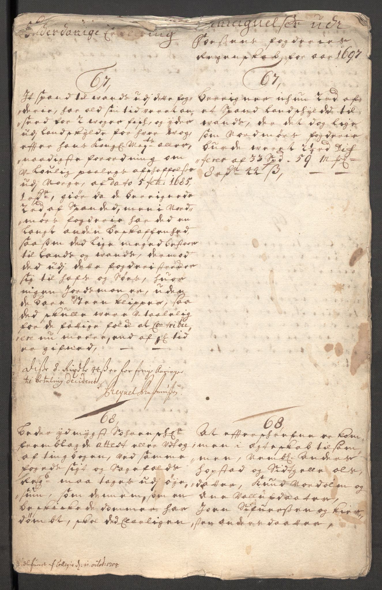 Rentekammeret inntil 1814, Reviderte regnskaper, Fogderegnskap, RA/EA-4092/R57/L3852: Fogderegnskap Fosen, 1697, p. 193