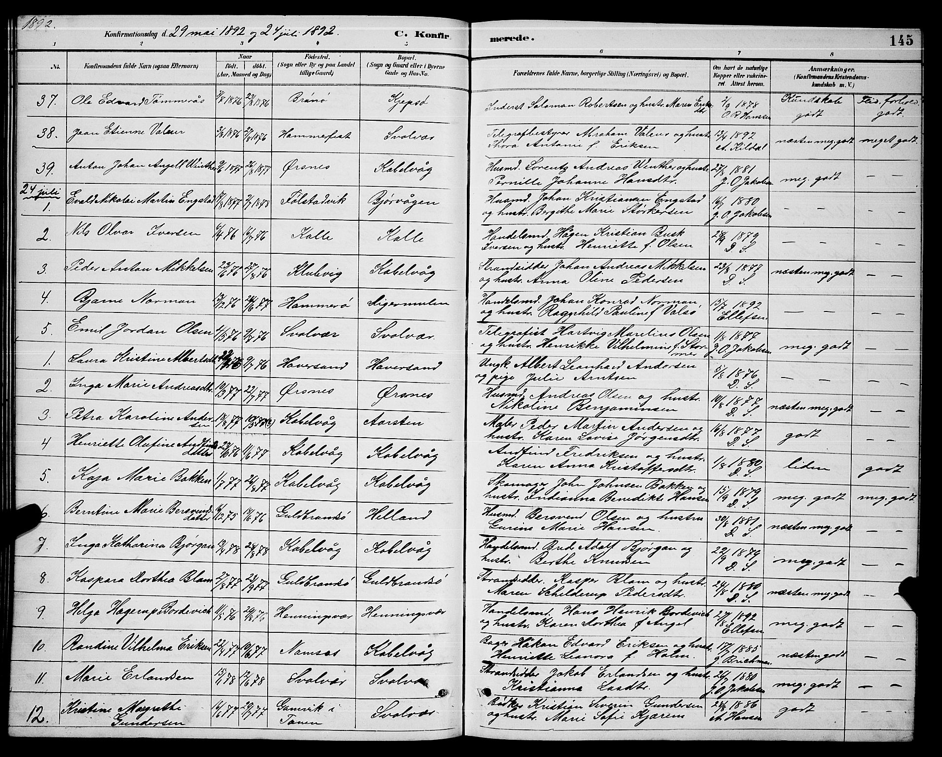 Ministerialprotokoller, klokkerbøker og fødselsregistre - Nordland, AV/SAT-A-1459/874/L1077: Parish register (copy) no. 874C06, 1891-1900, p. 145