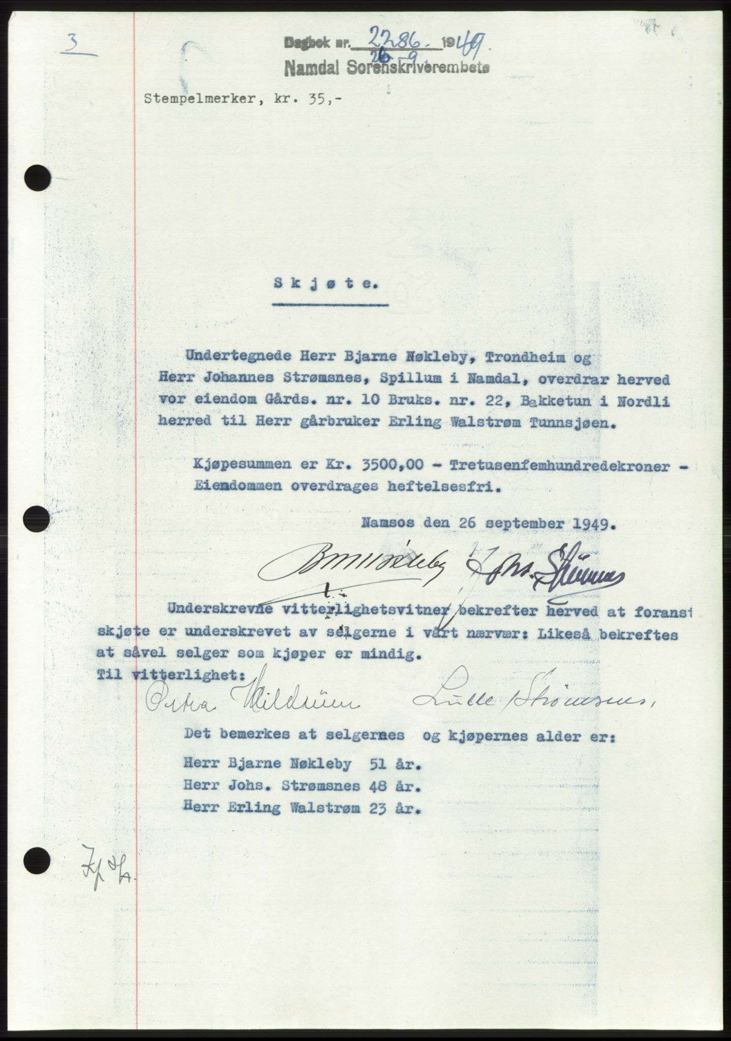 Namdal sorenskriveri, AV/SAT-A-4133/1/2/2C: Mortgage book no. -, 1949-1949, Diary no: : 2286/1949