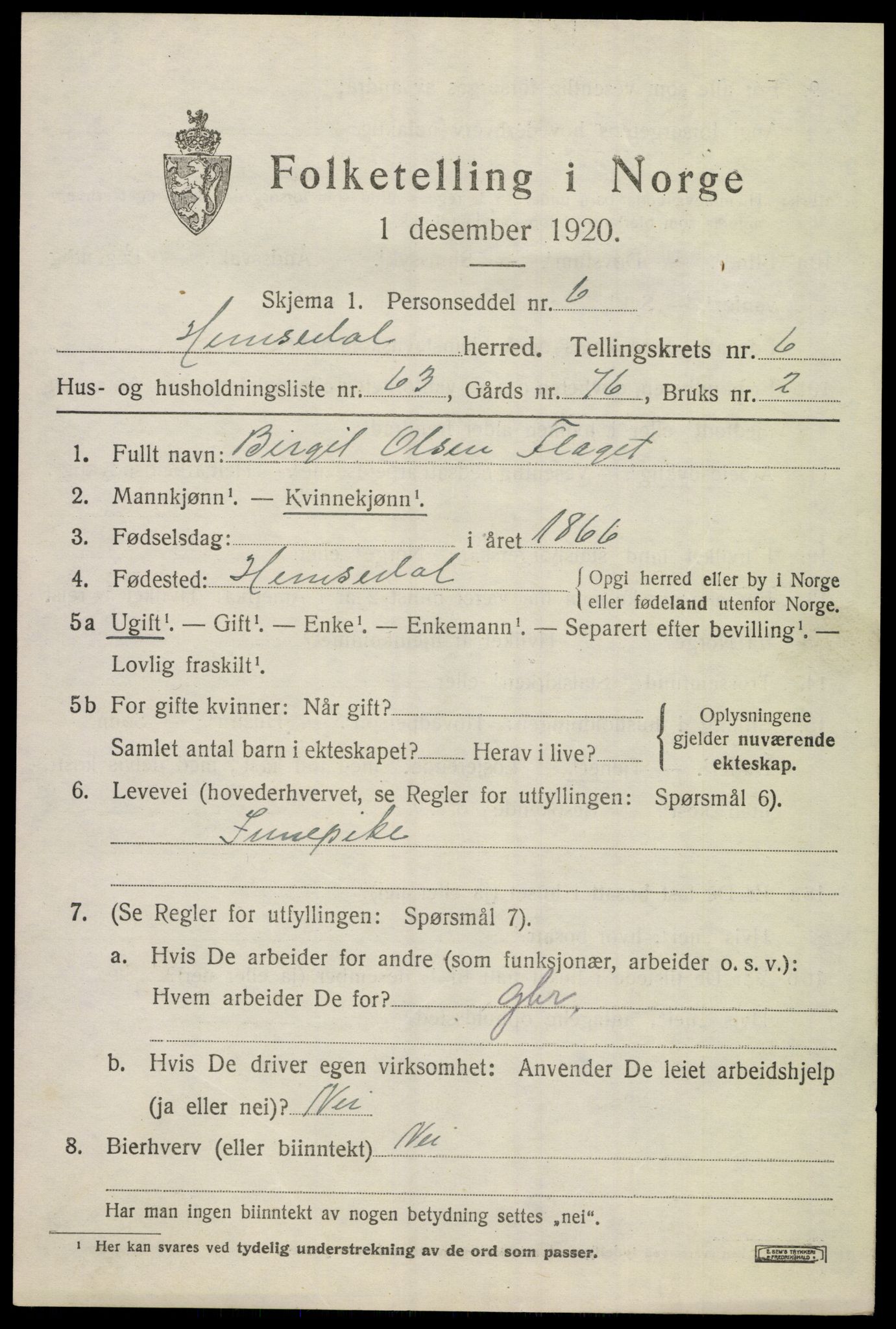 SAKO, 1920 census for Hemsedal, 1920, p. 2944