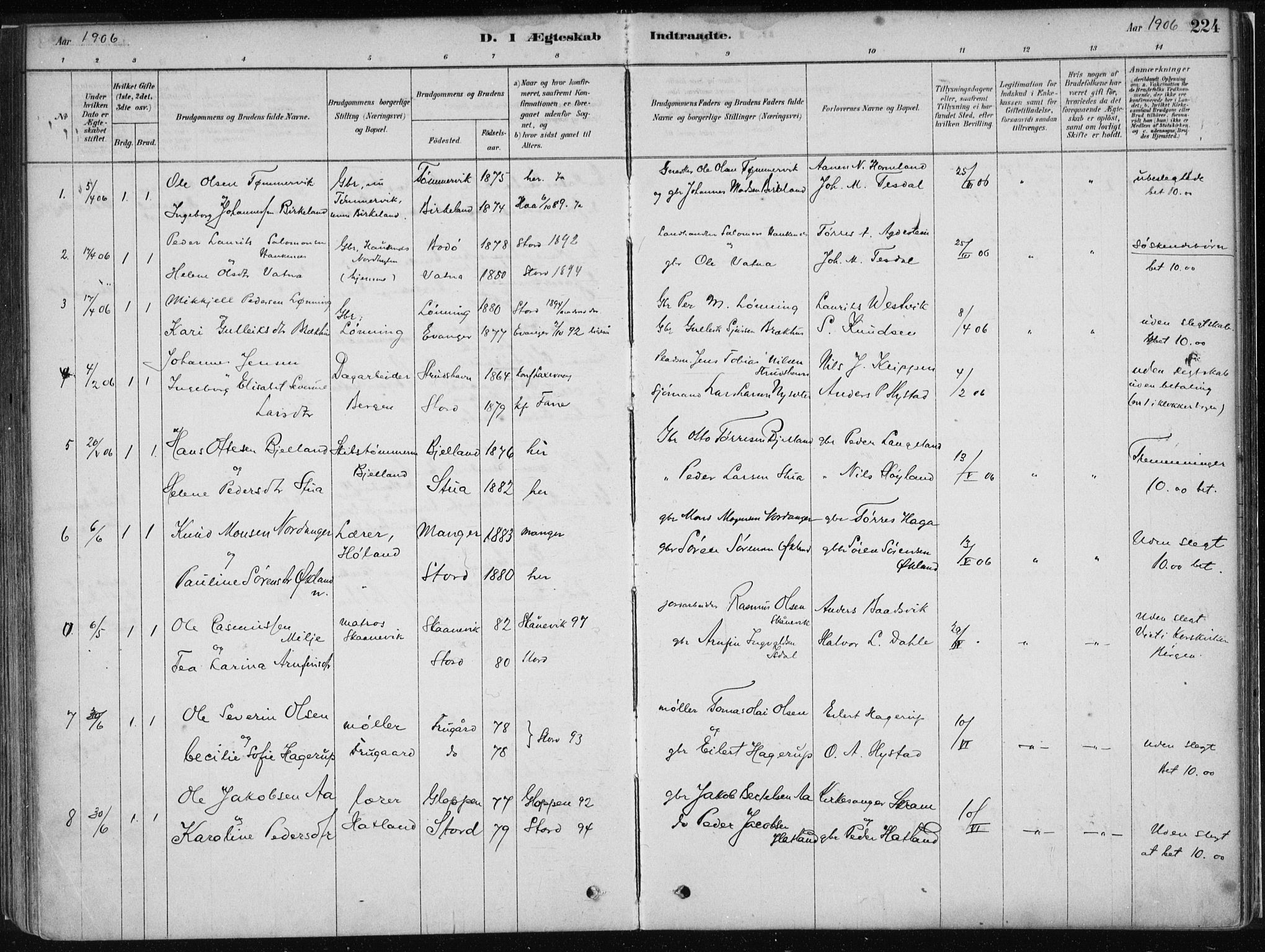 Stord sokneprestembete, SAB/A-78201/H/Haa: Parish register (official) no. B 2, 1878-1913, p. 224