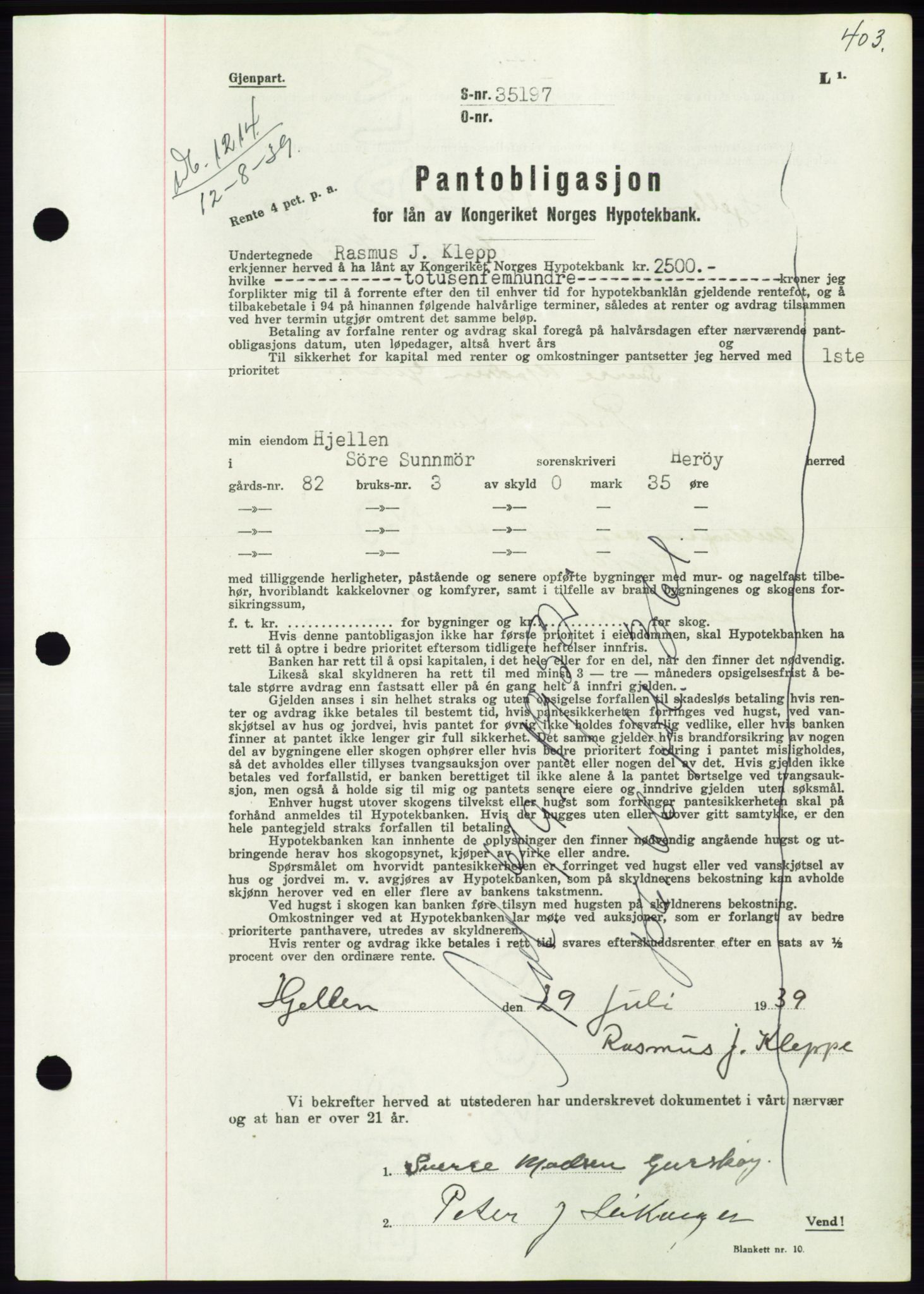 Søre Sunnmøre sorenskriveri, AV/SAT-A-4122/1/2/2C/L0068: Mortgage book no. 62, 1939-1939, Diary no: : 1214/1939