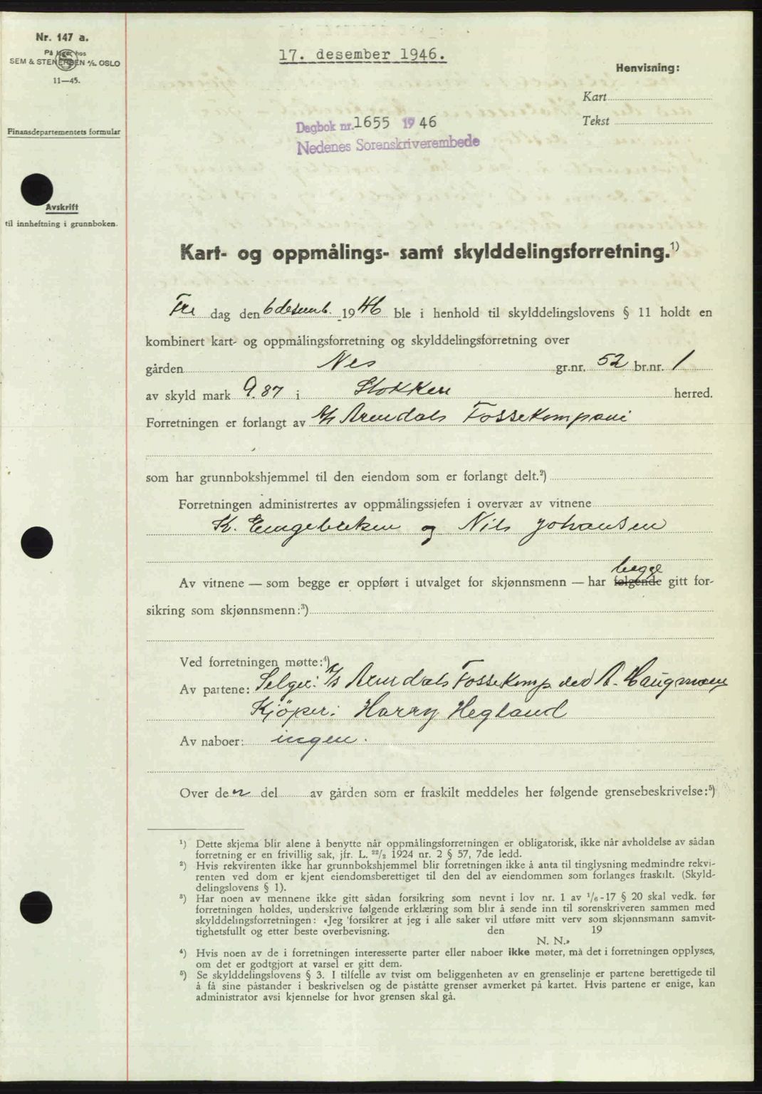 Nedenes sorenskriveri, SAK/1221-0006/G/Gb/Gba/L0056: Mortgage book no. A8, 1946-1947, Diary no: : 1655/1946