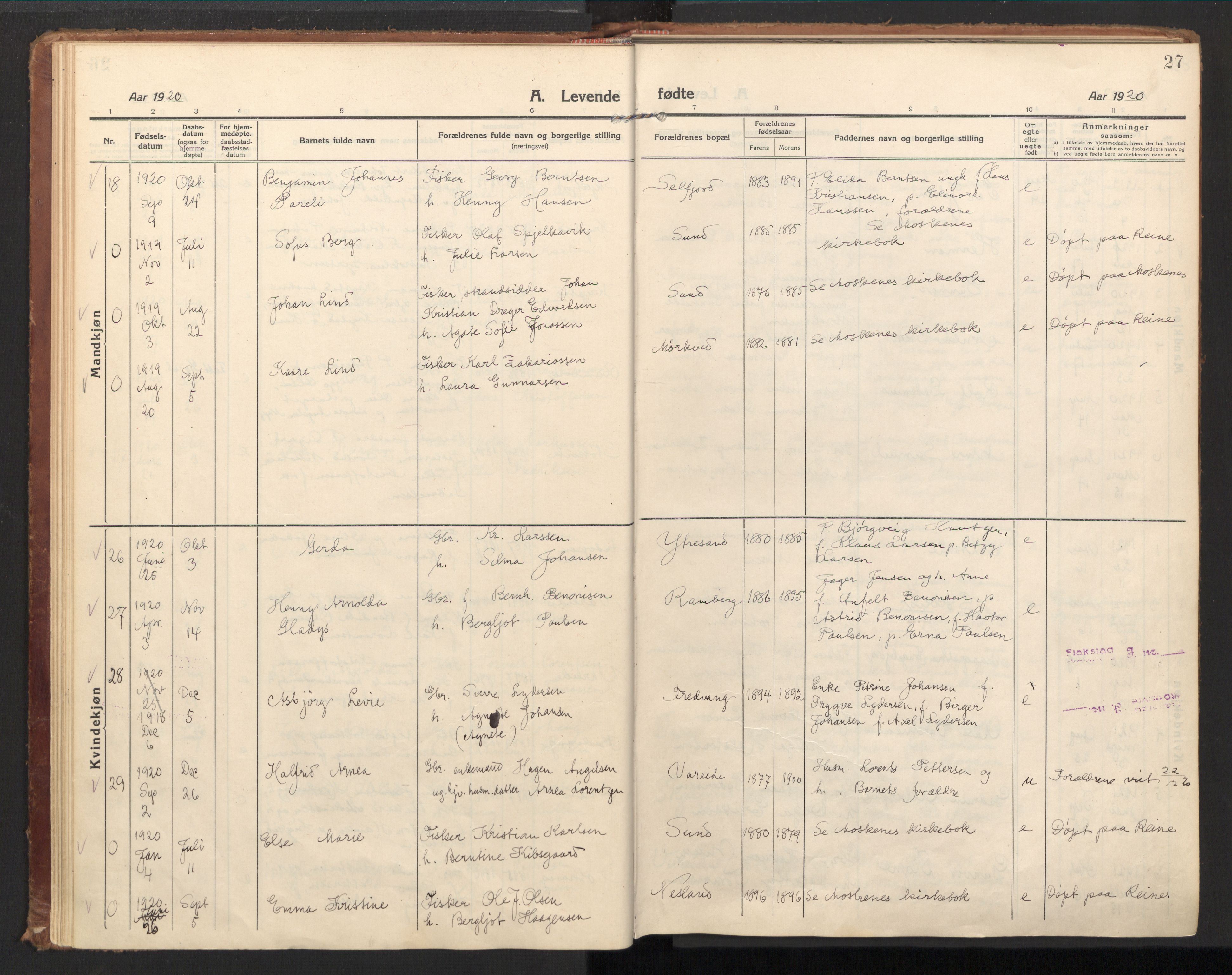 Ministerialprotokoller, klokkerbøker og fødselsregistre - Nordland, AV/SAT-A-1459/885/L1210: Parish register (official) no. 885A10, 1916-1926, p. 27