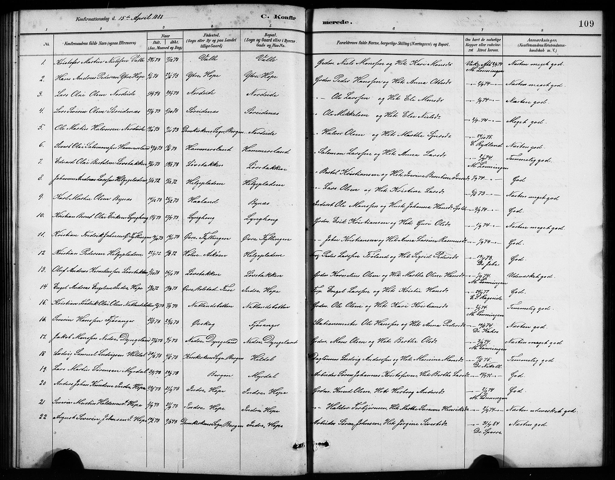 Birkeland Sokneprestembete, SAB/A-74601/H/Hab: Parish register (copy) no. A 4, 1888-1897, p. 109