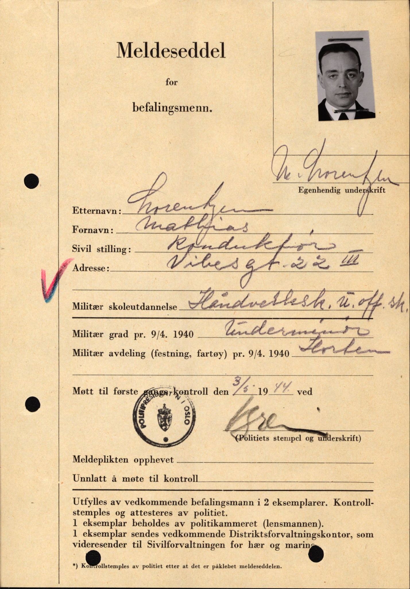 Forsvaret, Forsvarets krigshistoriske avdeling, AV/RA-RAFA-2017/Y/Yf/L0209: II-C-11-2121  -  Okkupasjonstiden.  Meldesedler for befal med foto og oppl. om militær grad 9. apr. 1940., 1944-1945, p. 112