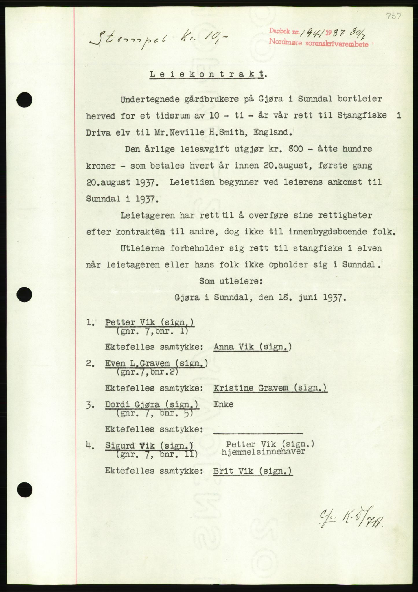 Nordmøre sorenskriveri, AV/SAT-A-4132/1/2/2Ca/L0091: Mortgage book no. B81, 1937-1937, Diary no: : 1941/1937