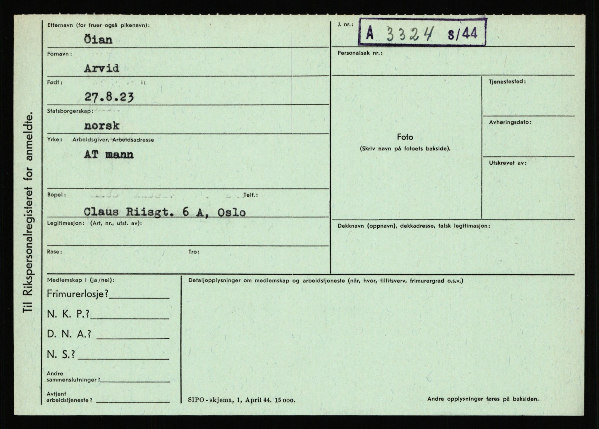 Statspolitiet - Hovedkontoret / Osloavdelingen, AV/RA-S-1329/C/Ca/L0016: Uberg - Øystese, 1943-1945, p. 3518