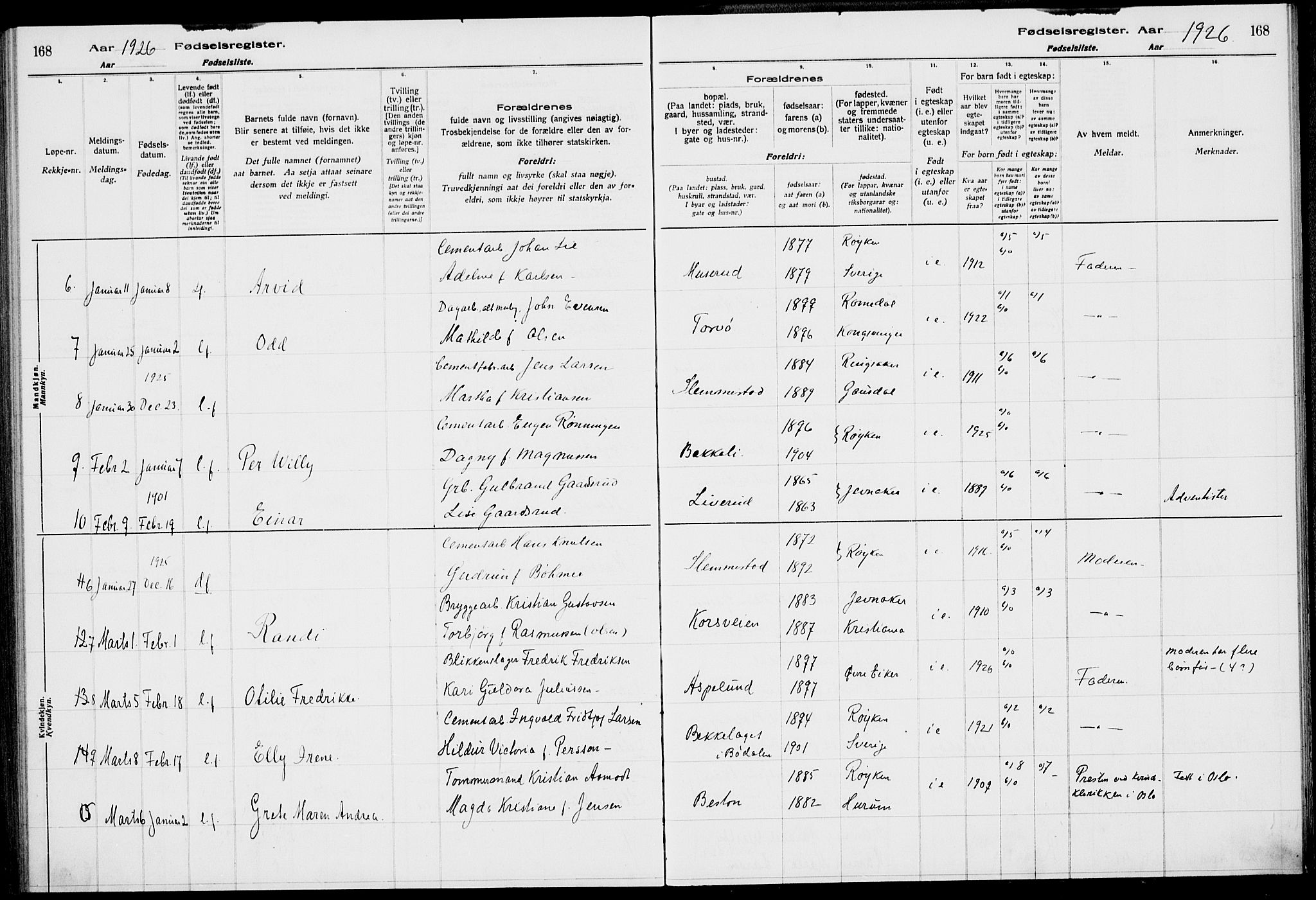 Røyken kirkebøker, AV/SAKO-A-241/J/Ja/L0001: Birth register no. 1, 1916-1927, p. 168