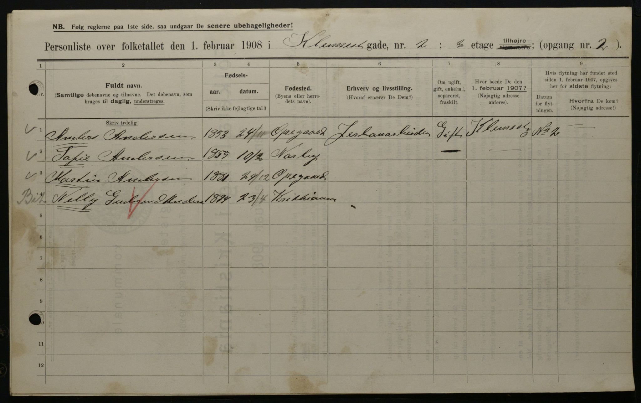 OBA, Municipal Census 1908 for Kristiania, 1908, p. 12000