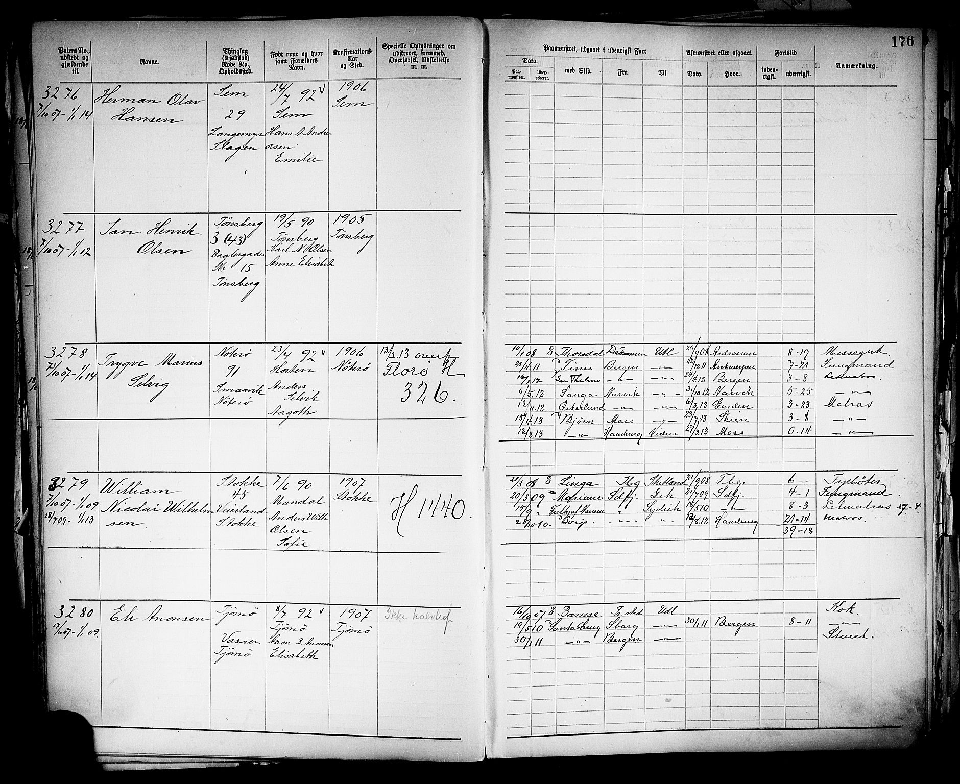 Tønsberg innrulleringskontor, SAKO/A-786/F/Fb/L0005: Annotasjonsrulle Patent nr. 2401-4080, 1904-1910, p. 179