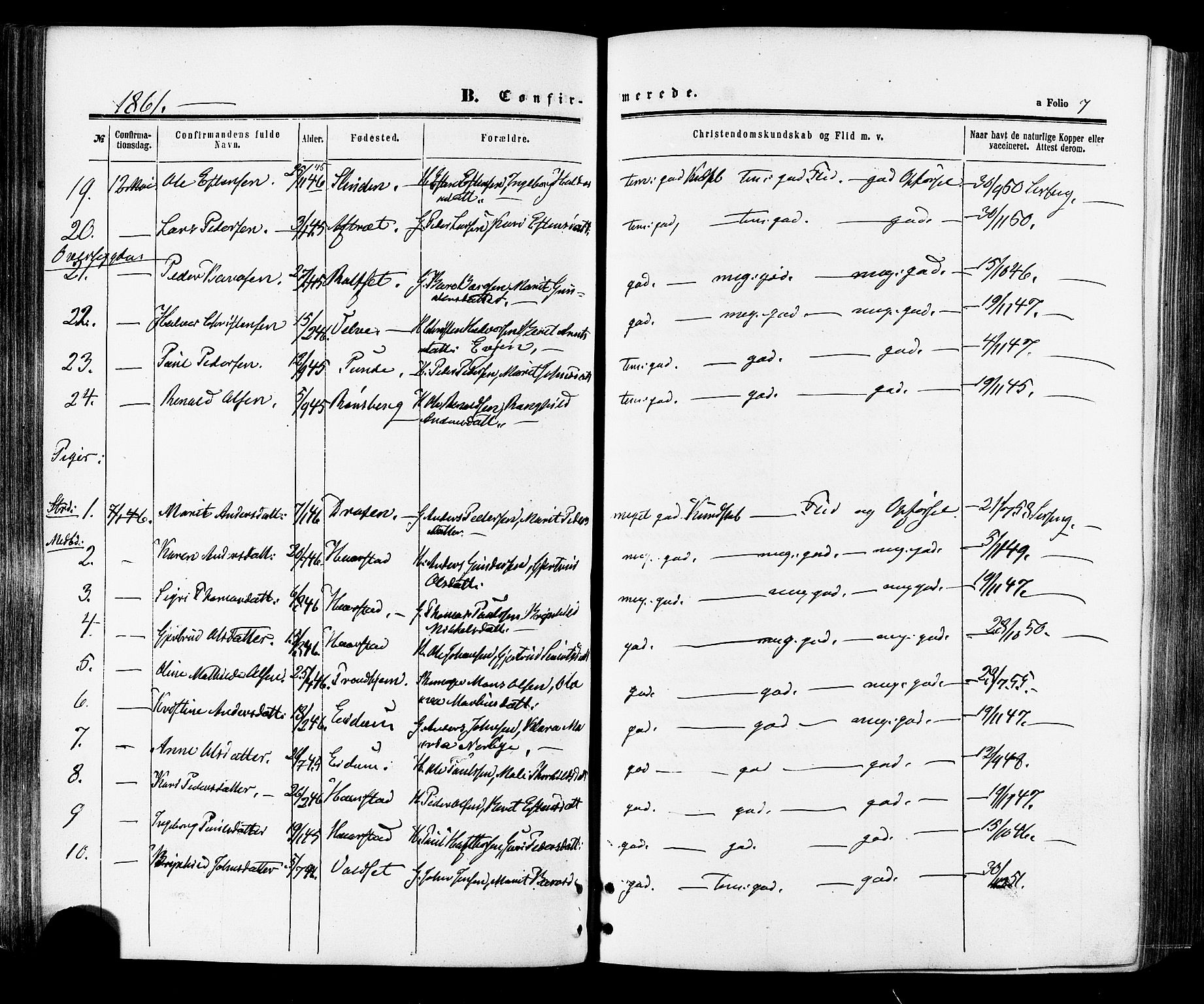 Ministerialprotokoller, klokkerbøker og fødselsregistre - Sør-Trøndelag, AV/SAT-A-1456/695/L1147: Parish register (official) no. 695A07, 1860-1877, p. 7