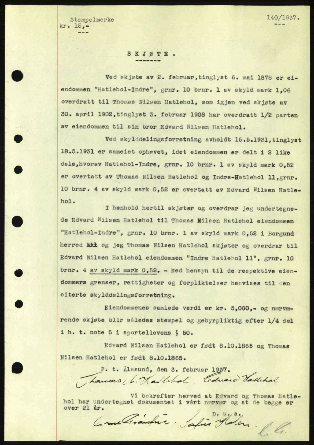 Nordre Sunnmøre sorenskriveri, AV/SAT-A-0006/1/2/2C/2Ca: Mortgage book no. A2, 1936-1937, Diary no: : 140/1937