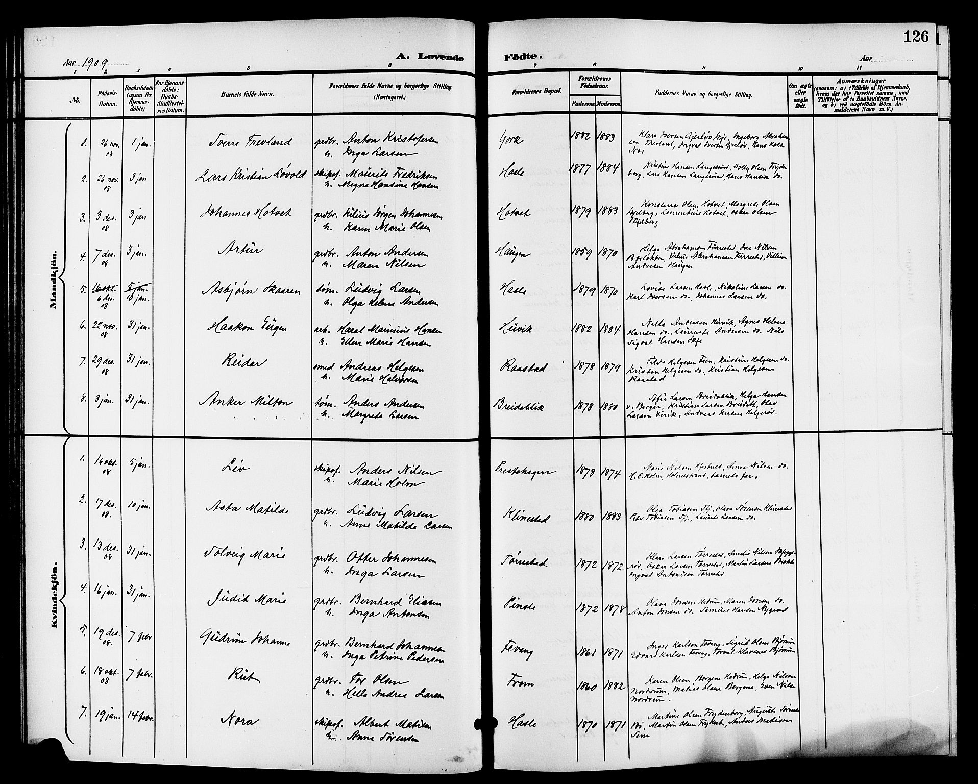 Sandar kirkebøker, AV/SAKO-A-243/G/Ga/L0002: Parish register (copy) no. 2, 1900-1915, p. 126