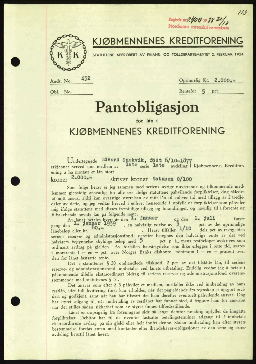 Nordmøre sorenskriveri, AV/SAT-A-4132/1/2/2Ca: Mortgage book no. B84, 1938-1939, Diary no: : 2400/1938