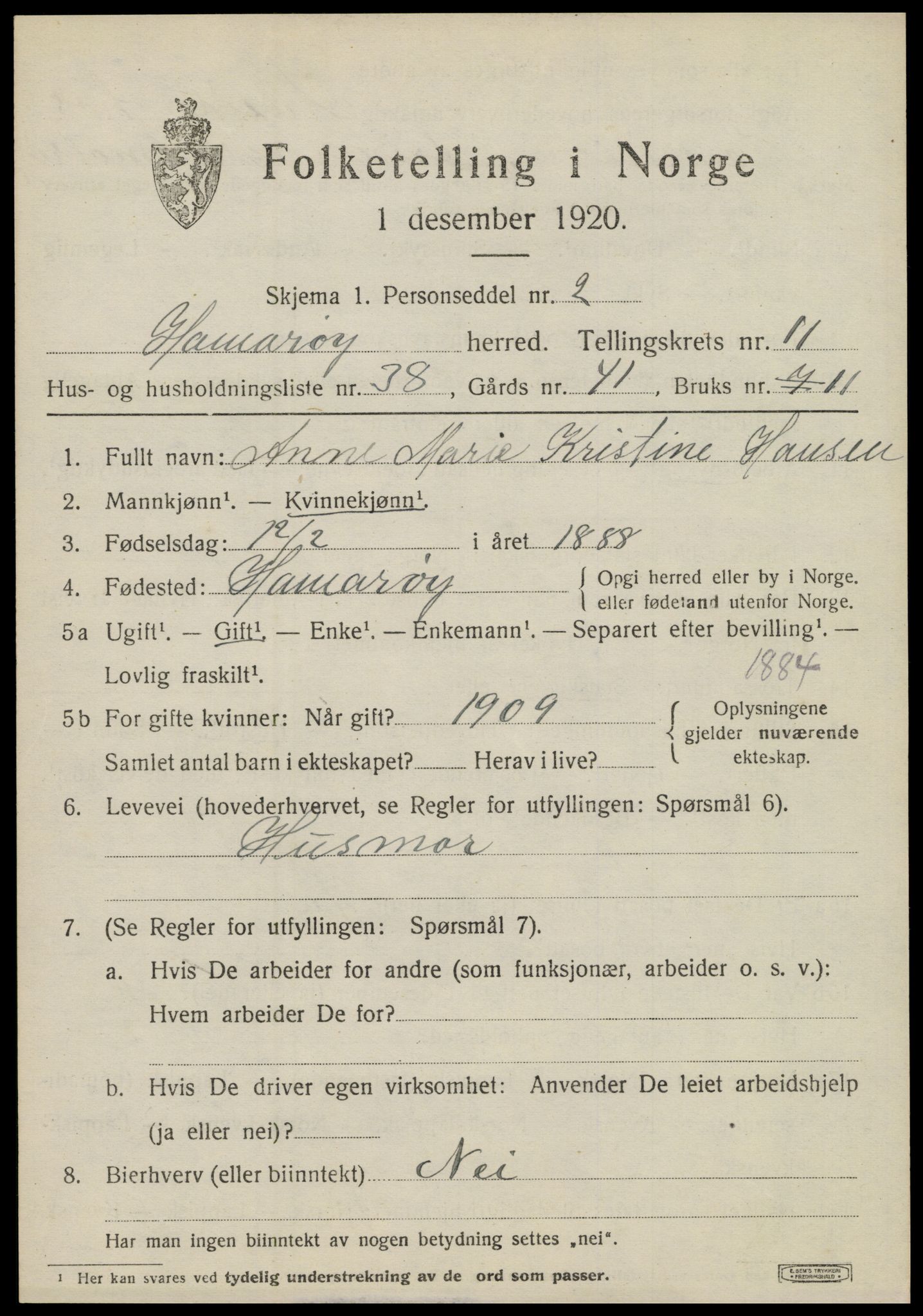 SAT, 1920 census for Hamarøy, 1920, p. 5672