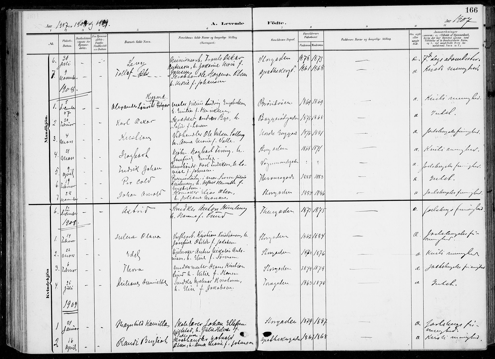 Horten kirkebøker, AV/SAKO-A-348/F/Fa/L0006: Parish register (official) no. 6, 1905-1912, p. 166