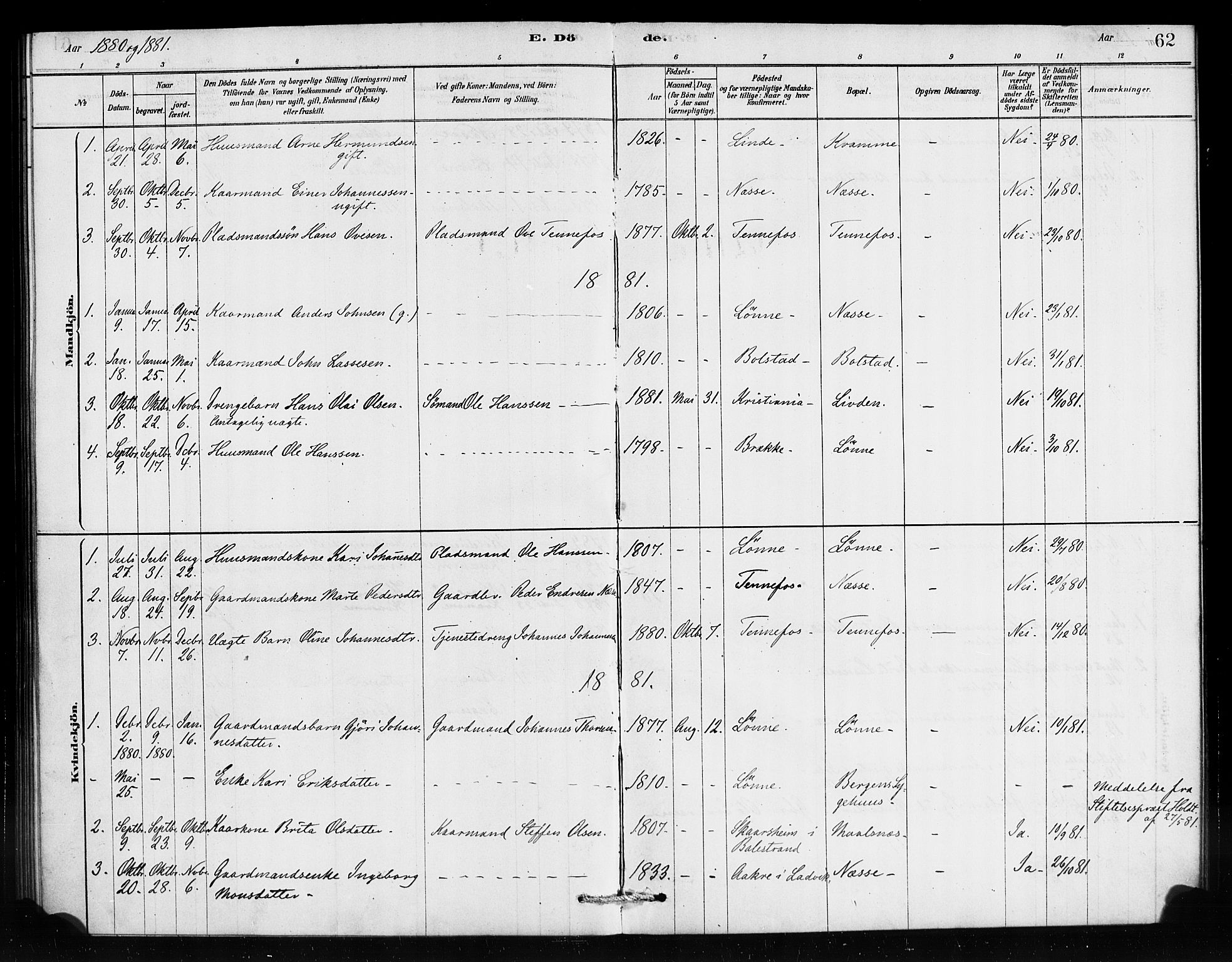 Vik sokneprestembete, AV/SAB-A-81501/H/Haa/Haad/L0001: Parish register (official) no. D 1, 1878-1890, p. 62