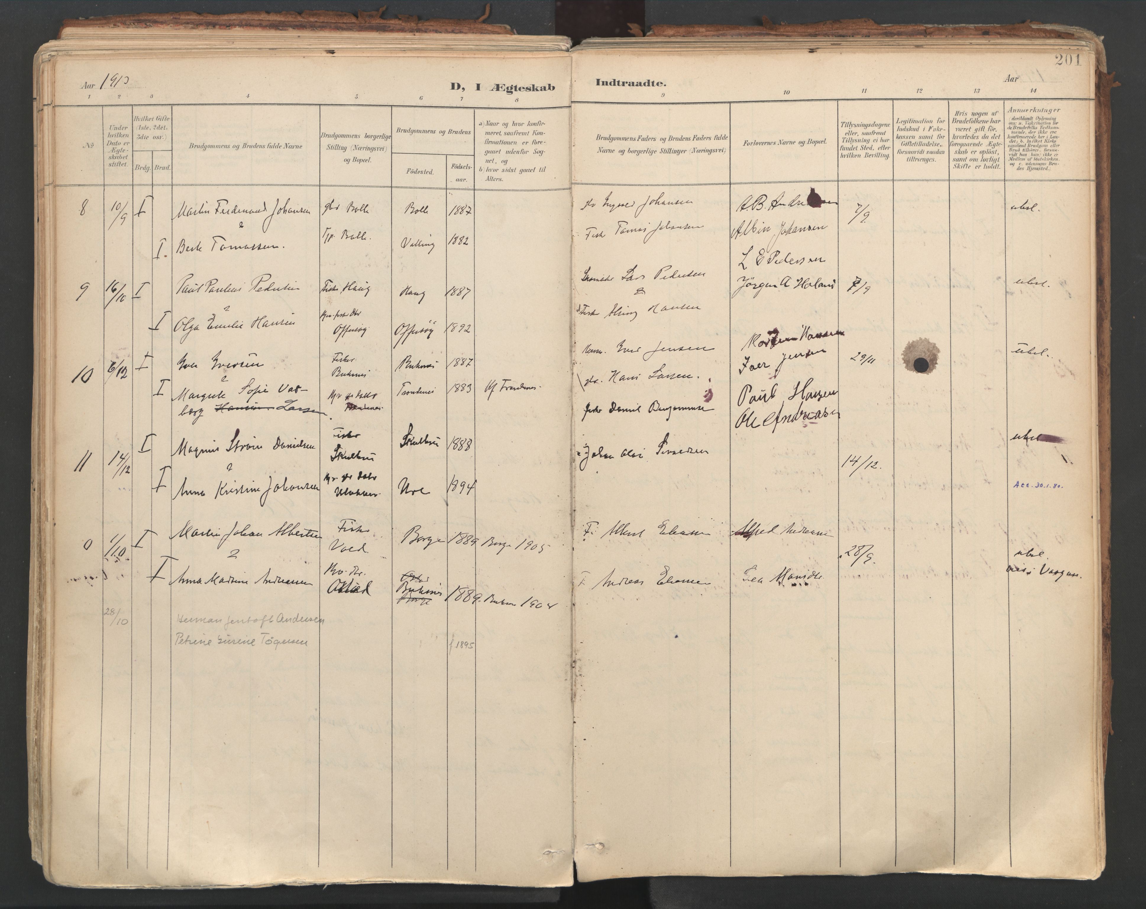 Ministerialprotokoller, klokkerbøker og fødselsregistre - Nordland, AV/SAT-A-1459/881/L1154: Parish register (official) no. 881A07, 1907-1918, p. 201