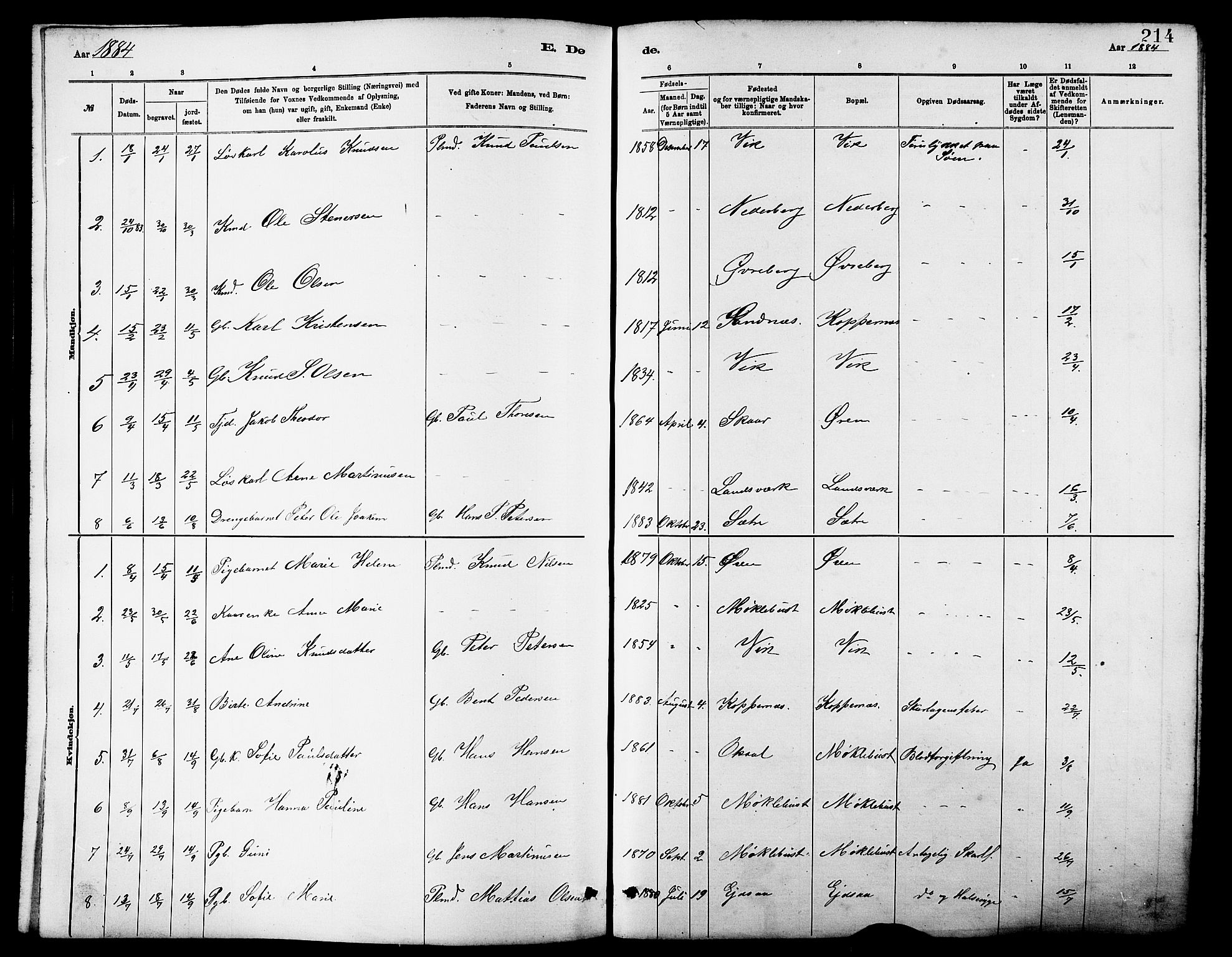 Ministerialprotokoller, klokkerbøker og fødselsregistre - Møre og Romsdal, AV/SAT-A-1454/502/L0027: Parish register (copy) no. 502C01, 1878-1908, p. 214