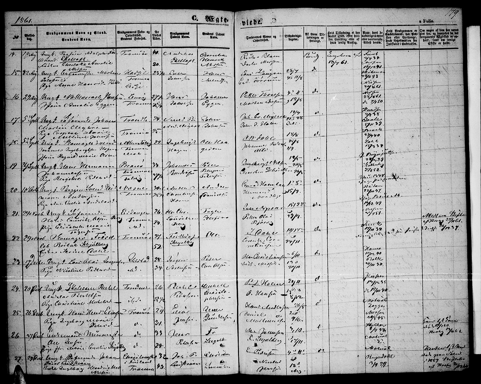 Tromsø sokneprestkontor/stiftsprosti/domprosti, AV/SATØ-S-1343/G/Gb/L0006klokker: Parish register (copy) no. 6, 1857-1866, p. 179