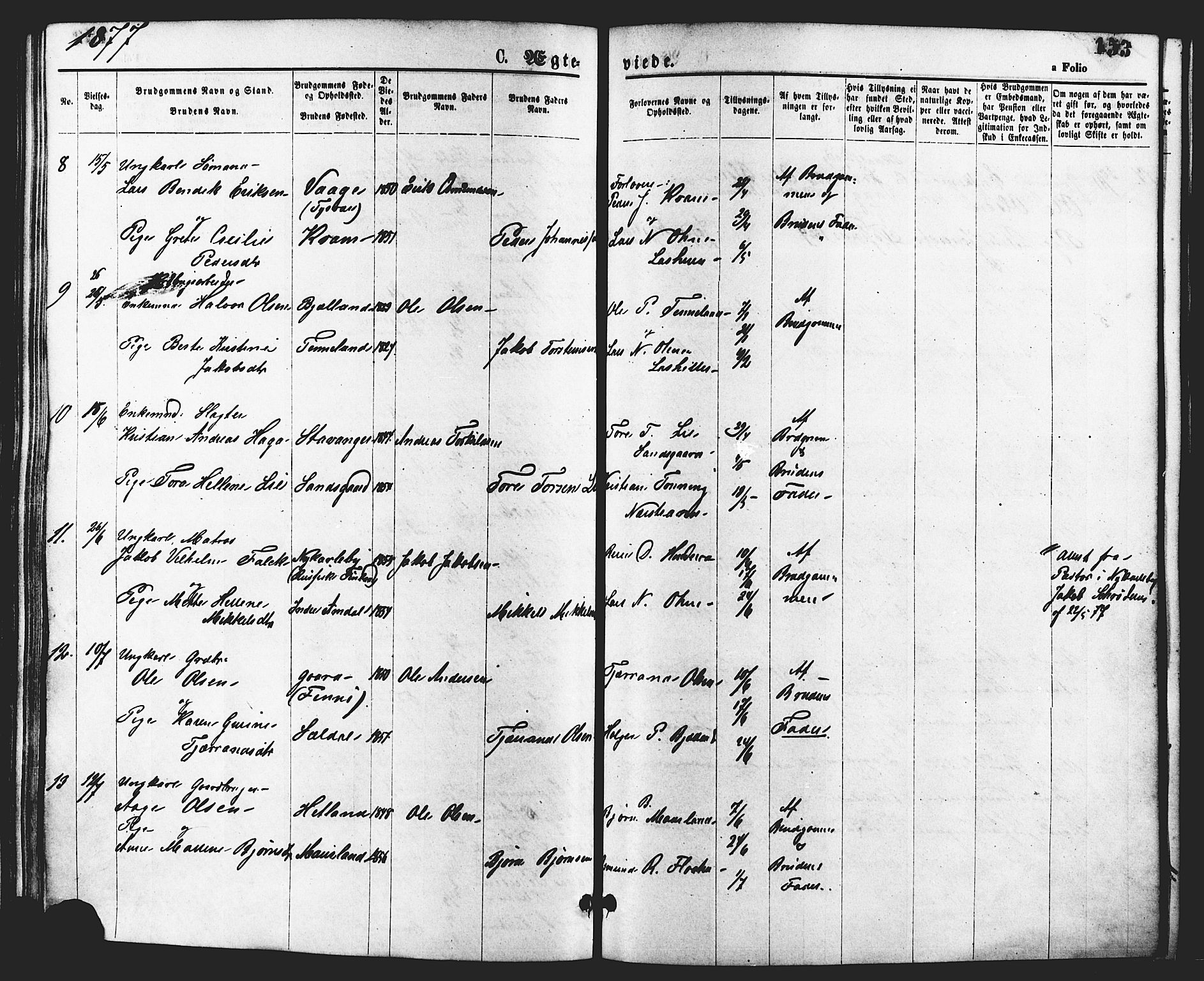 Nedstrand sokneprestkontor, SAST/A-101841/01/IV: Parish register (official) no. A 11, 1877-1887, p. 153