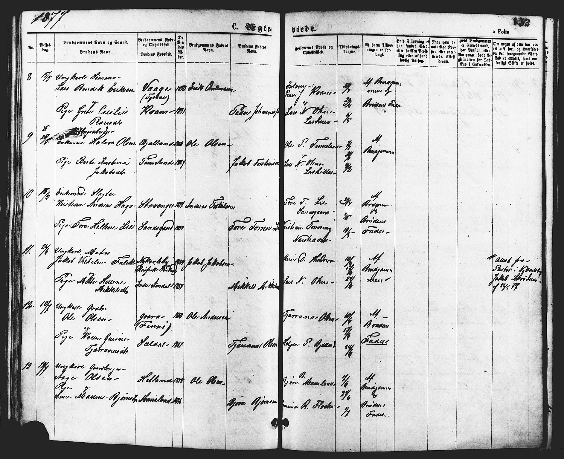 Nedstrand sokneprestkontor, AV/SAST-A-101841/01/IV: Parish register (official) no. A 11, 1877-1887, p. 153