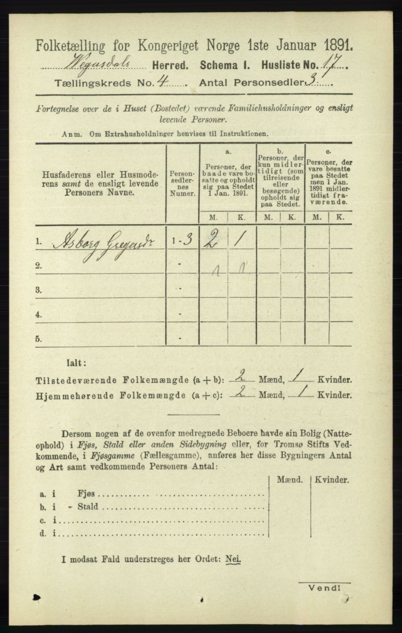 RA, 1891 census for 0934 Vegusdal, 1891, p. 703