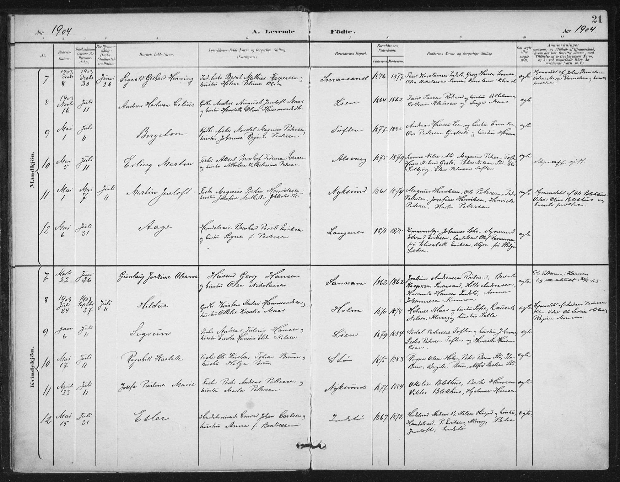 Ministerialprotokoller, klokkerbøker og fødselsregistre - Nordland, AV/SAT-A-1459/894/L1356: Parish register (official) no. 894A02, 1897-1914, p. 21