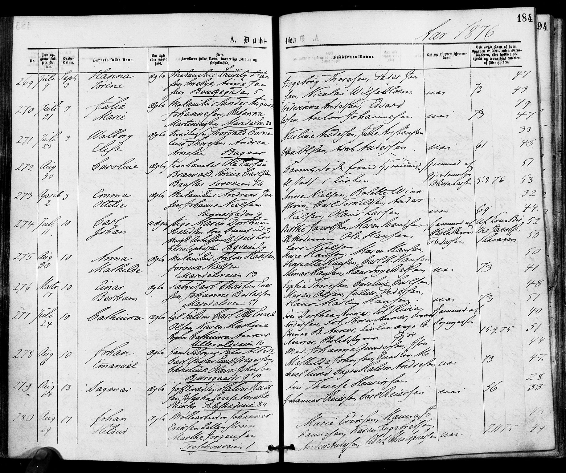 Gamle Aker prestekontor Kirkebøker, SAO/A-10617a/F/L0004: Parish register (official) no. 4, 1872-1879, p. 184