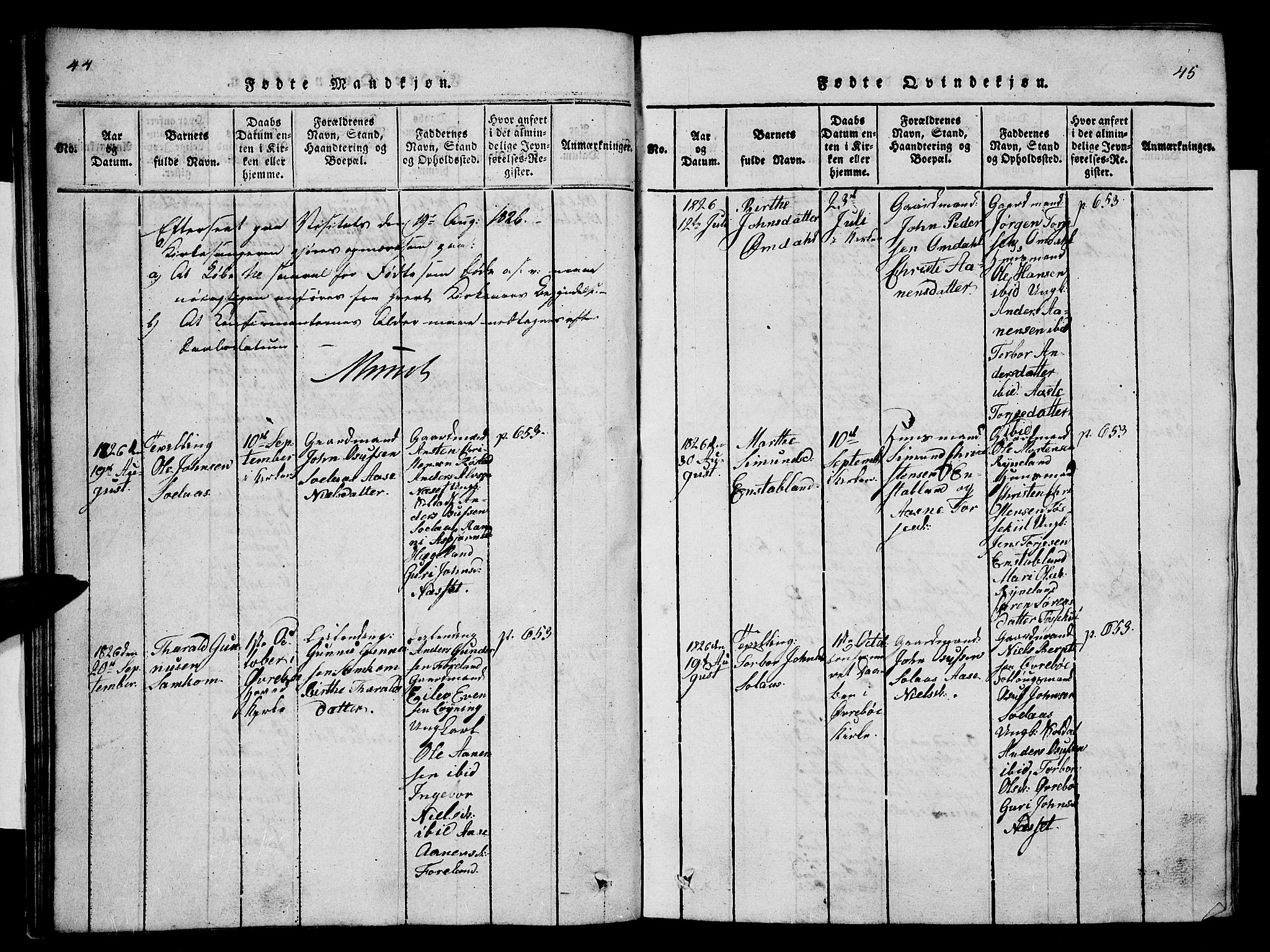 Vennesla sokneprestkontor, AV/SAK-1111-0045/Fb/Fba/L0001: Parish register (copy) no. B 1, 1820-1834, p. 44-45