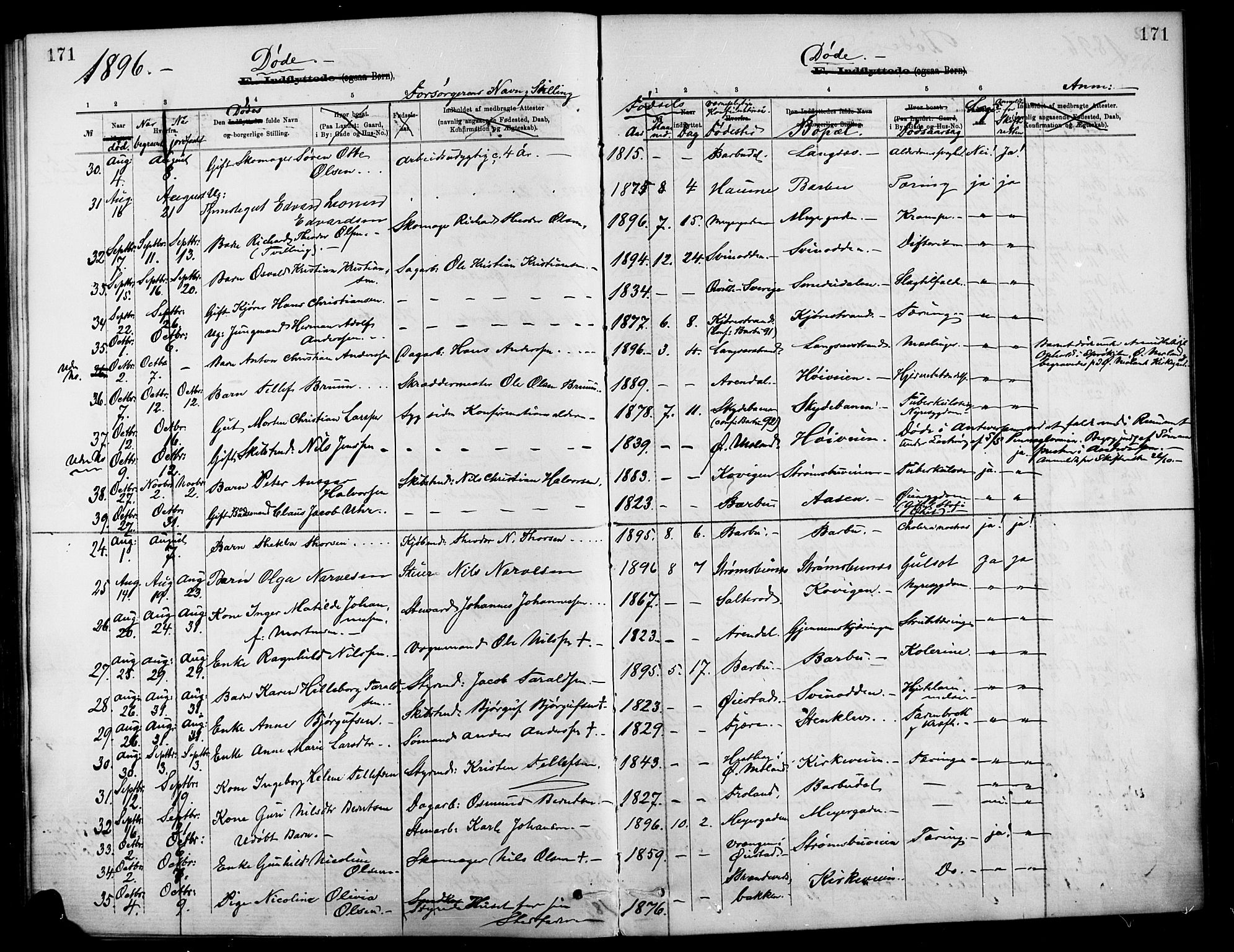 Barbu sokneprestkontor, AV/SAK-1111-0003/F/Fa/L0003: Parish register (official) no. A 3, 1883-1898, p. 171