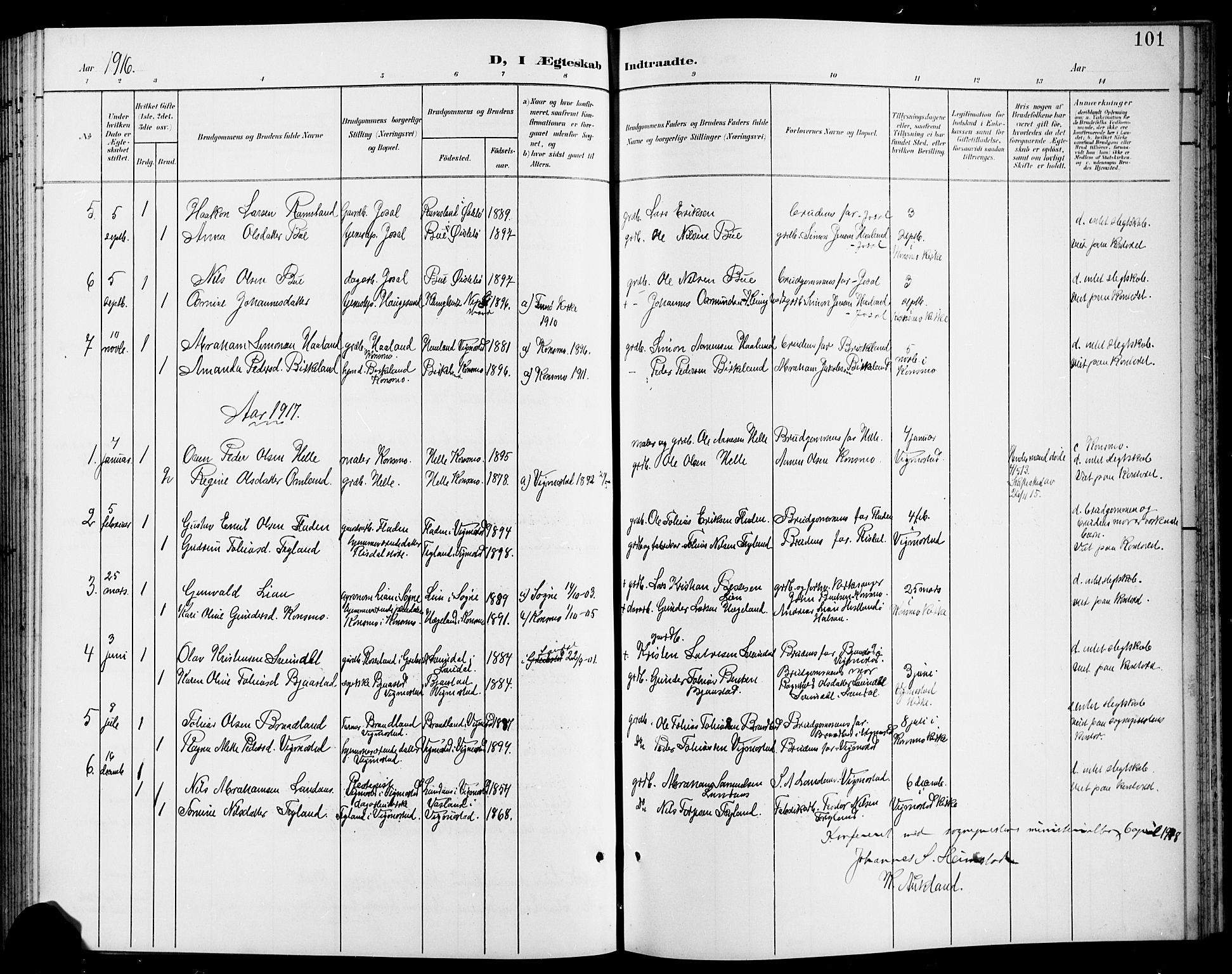 Nord-Audnedal sokneprestkontor, AV/SAK-1111-0032/F/Fb/Fbb/L0004: Parish register (copy) no. B 4, 1901-1917, p. 101