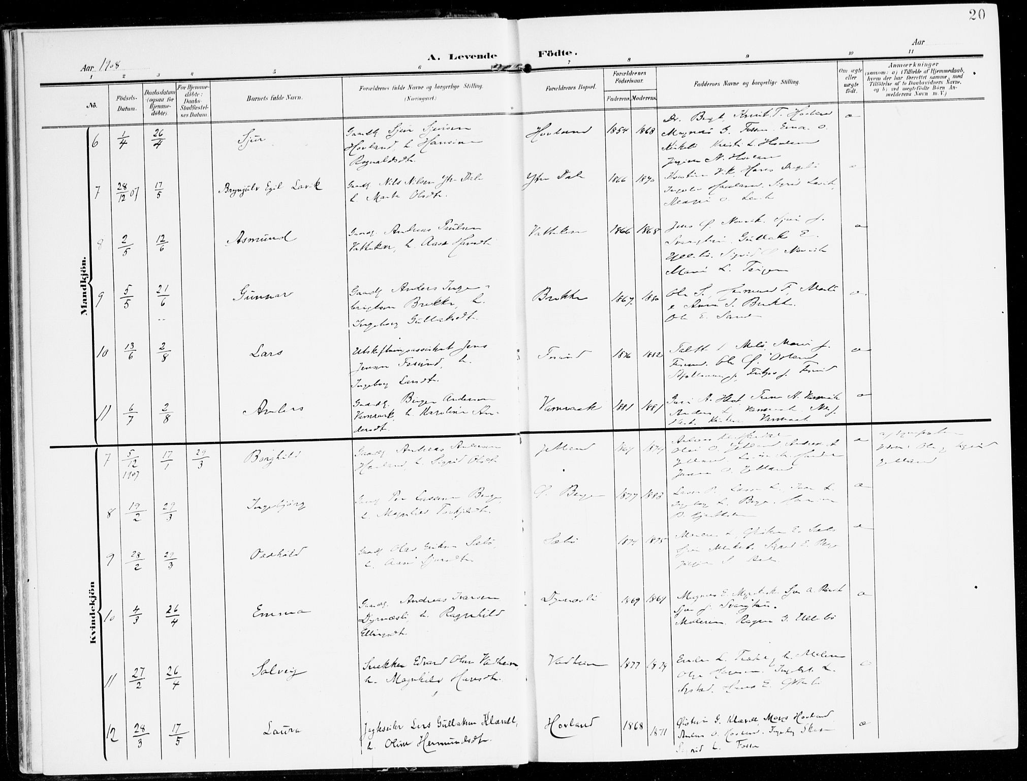 Lavik sokneprestembete, AV/SAB-A-80901: Parish register (official) no. C 2, 1904-1921, p. 20