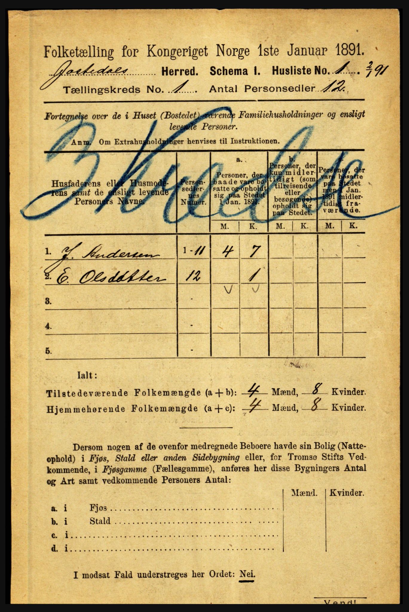 RA, 1891 census for 1427 Jostedal, 1891, p. 13