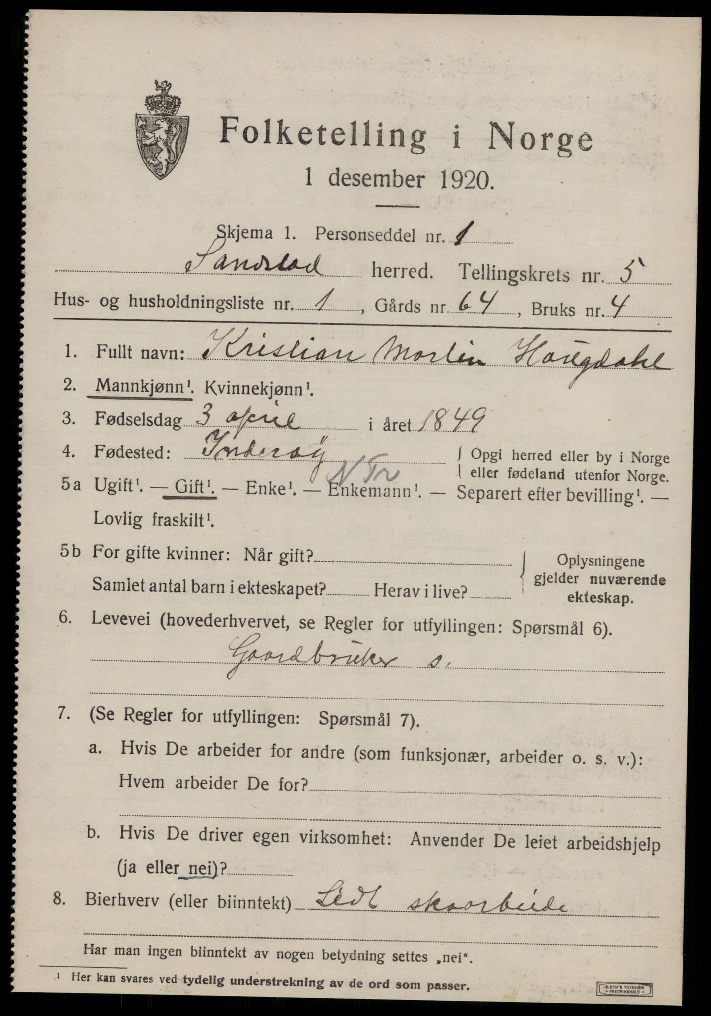 SAT, 1920 census for Sandstad, 1920, p. 2085