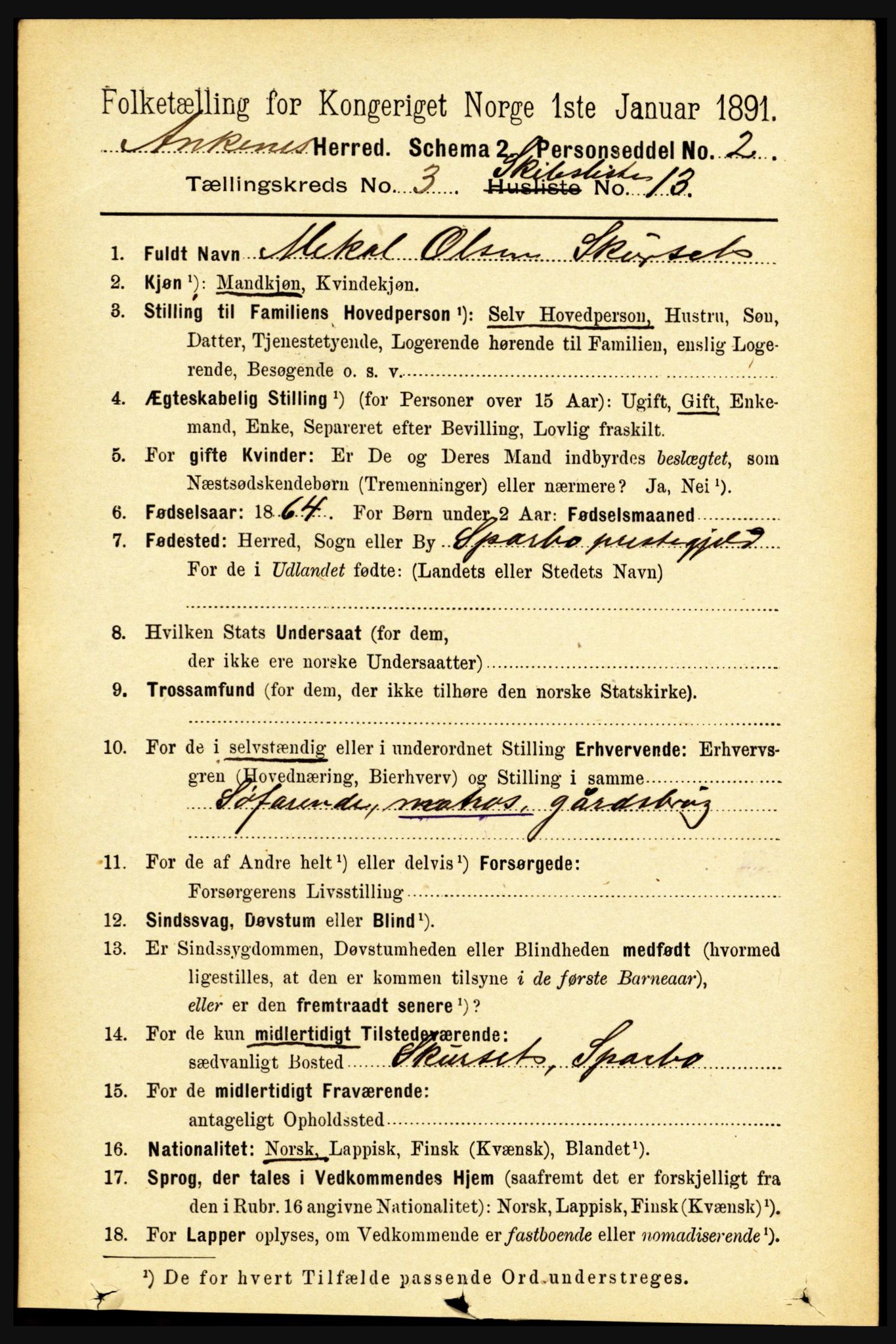 RA, 1891 census for 1855 Ankenes, 1891, p. 2250