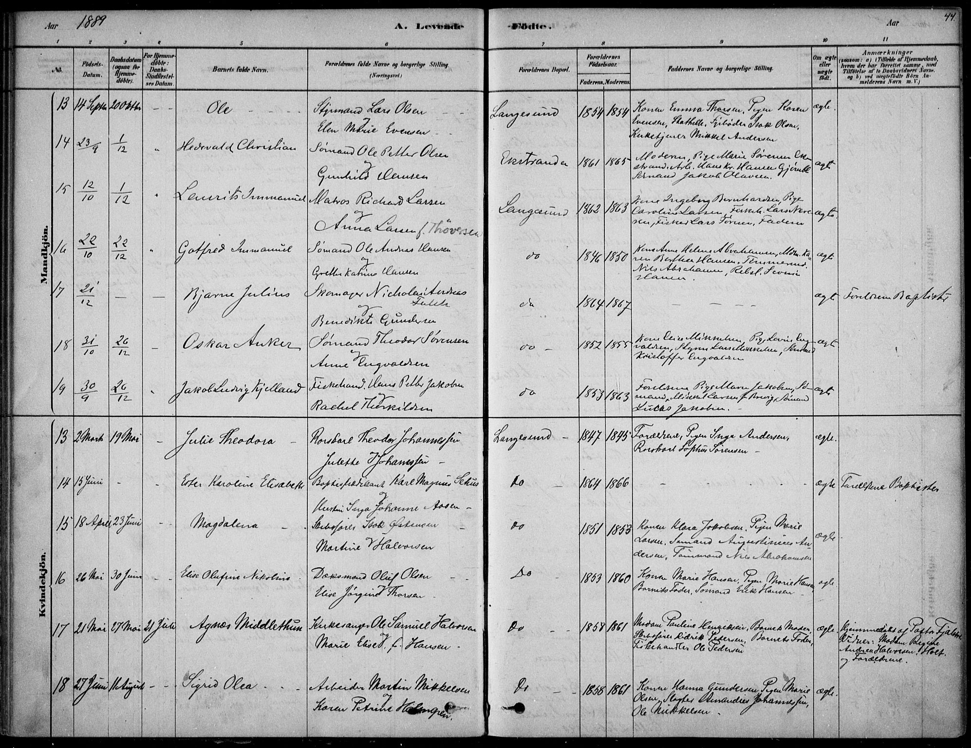 Langesund kirkebøker, AV/SAKO-A-280/F/Fa/L0002: Parish register (official) no. 2, 1878-1892, p. 44