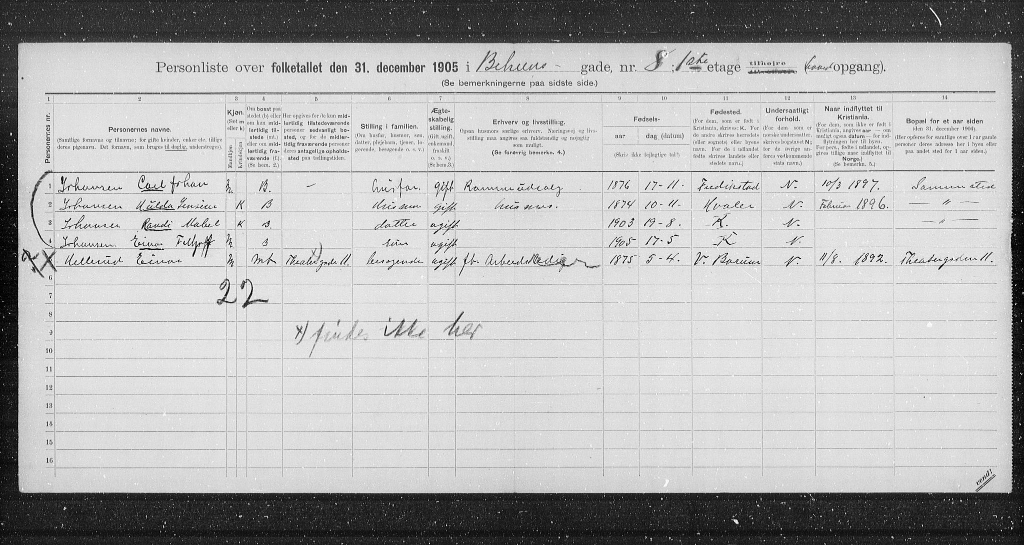 OBA, Municipal Census 1905 for Kristiania, 1905, p. 1761