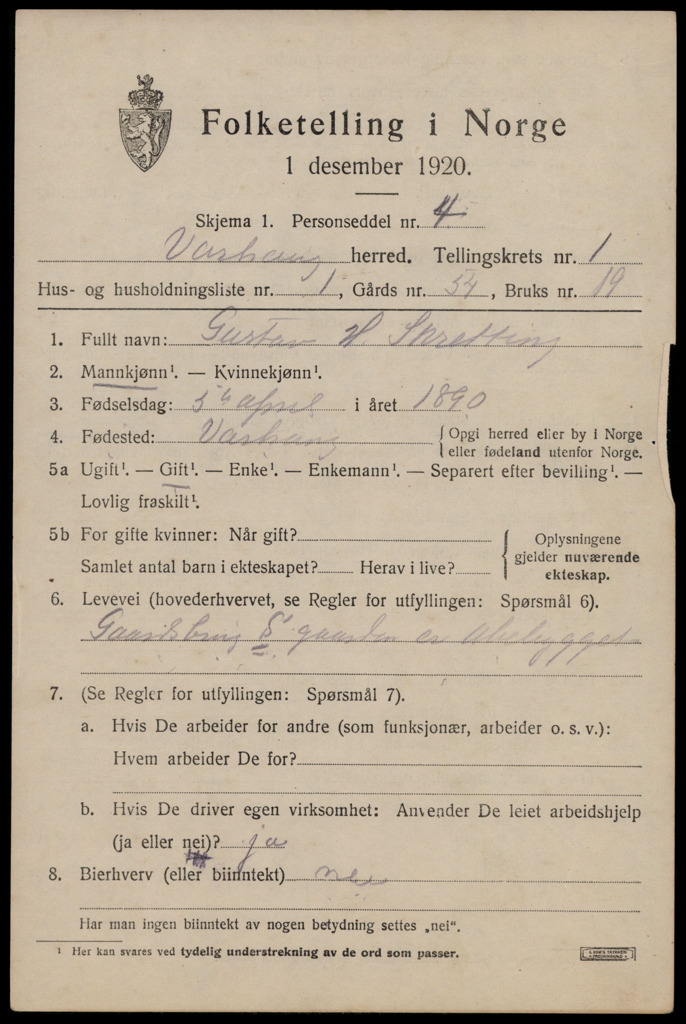 SAST, 1920 census for Varhaug, 1920, p. 809