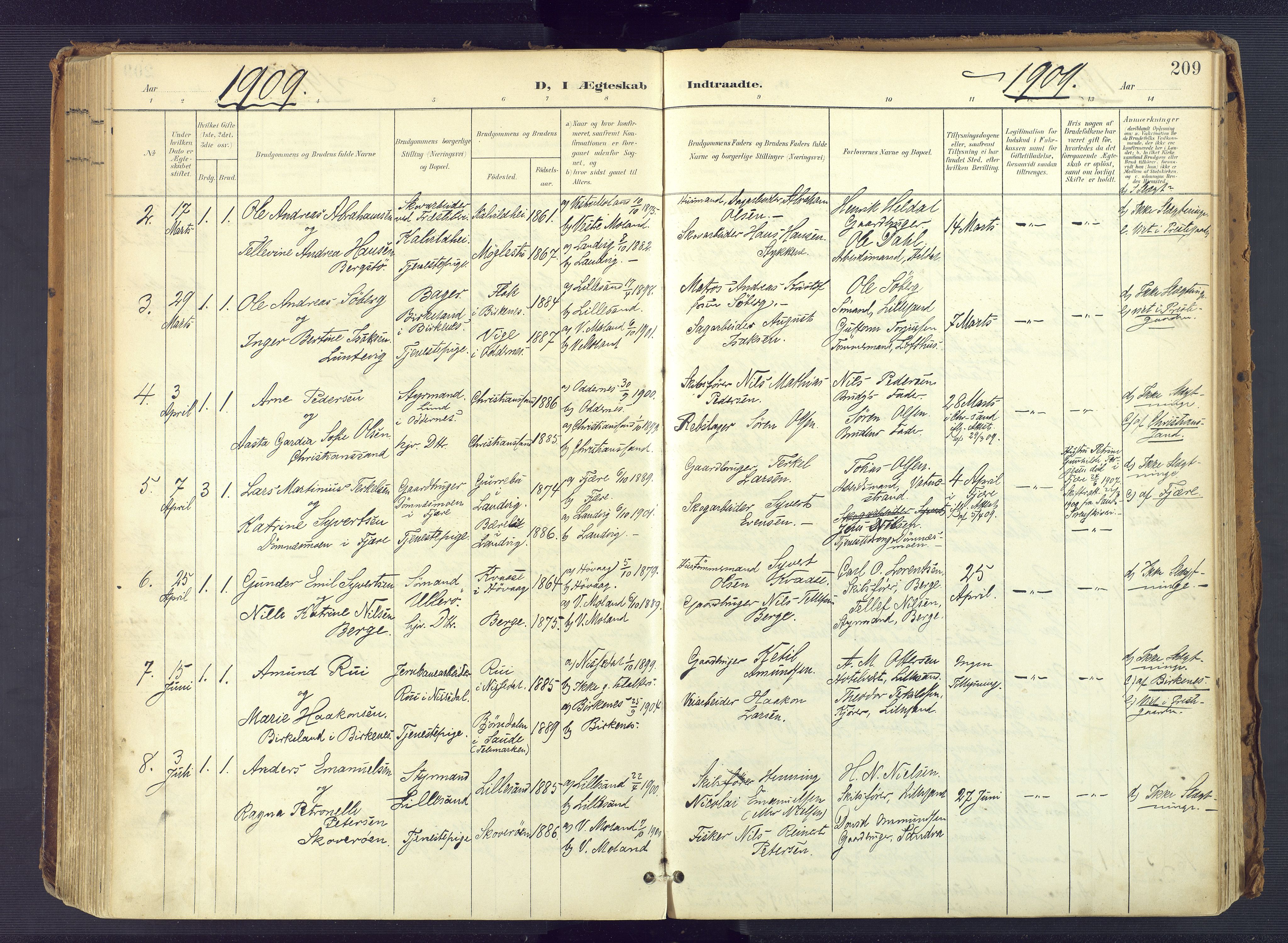 Vestre Moland sokneprestkontor, SAK/1111-0046/F/Fa/Fab/L0010: Parish register (official) no. A 10, 1900-1926, p. 209