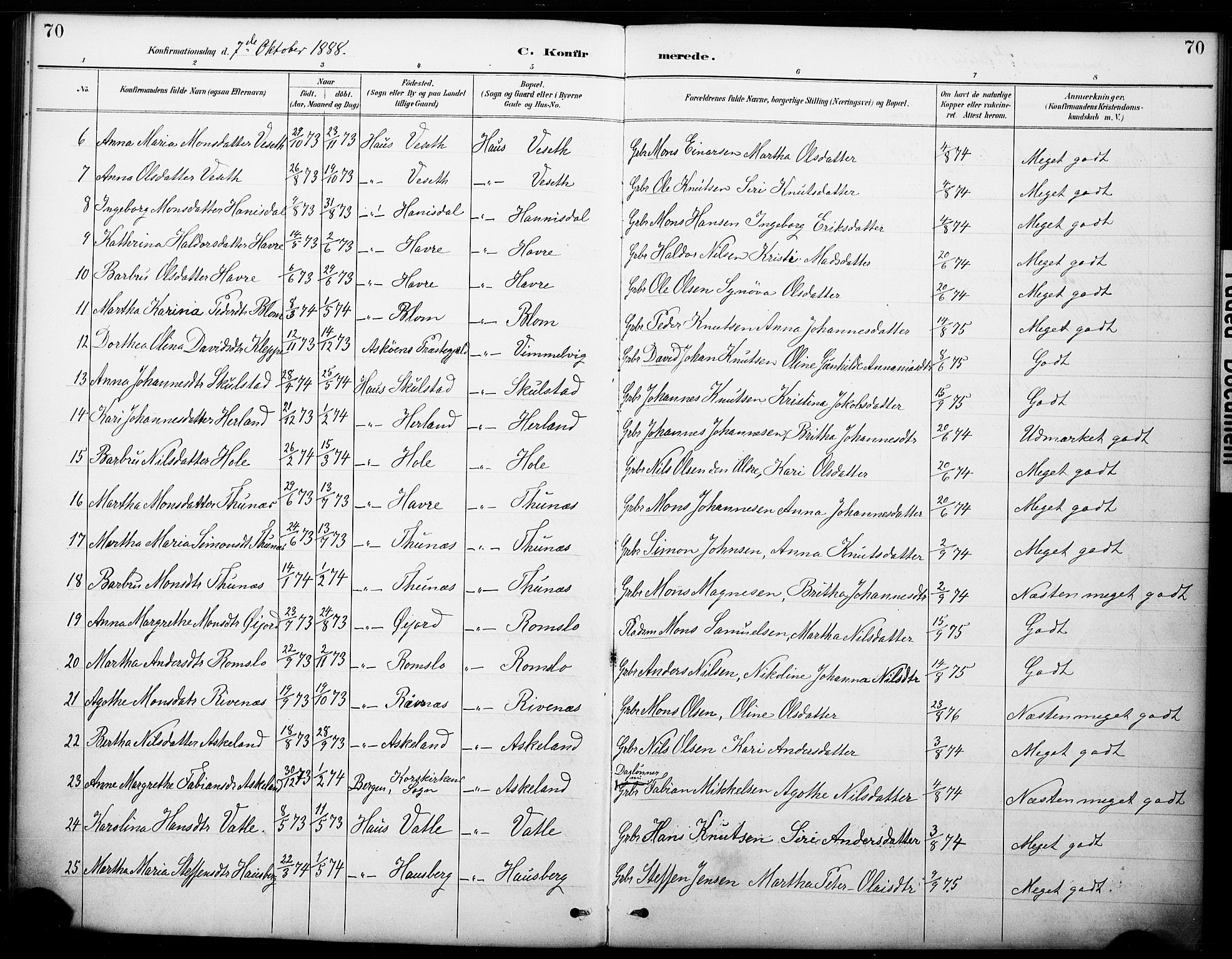 Haus sokneprestembete, SAB/A-75601/H/Haa: Parish register (official) no. B 1, 1887-1898, p. 70