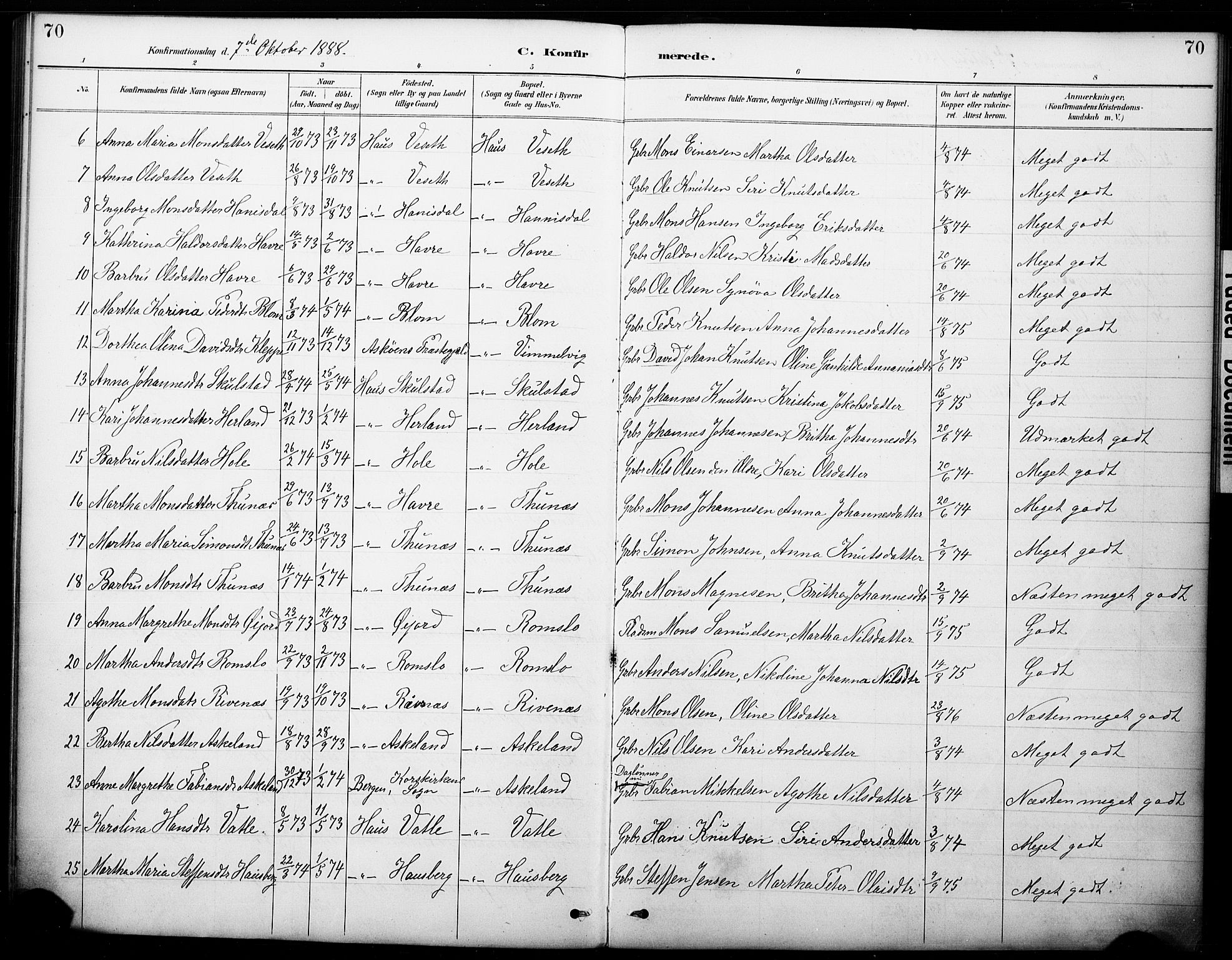 Haus sokneprestembete, AV/SAB-A-75601/H/Haa: Parish register (official) no. B 1, 1887-1898, p. 70