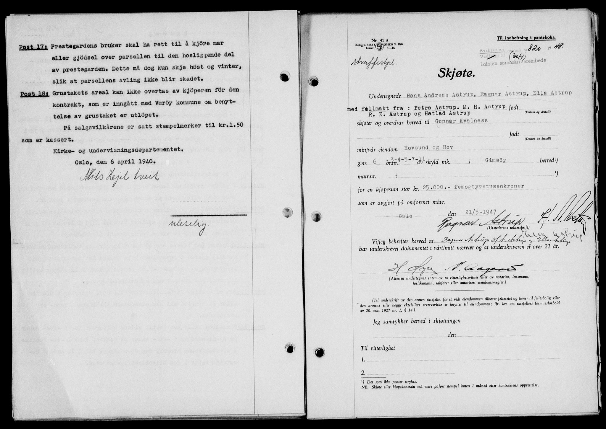 Lofoten sorenskriveri, SAT/A-0017/1/2/2C/L0018a: Mortgage book no. 18a, 1948-1948, Diary no: : 820/1948