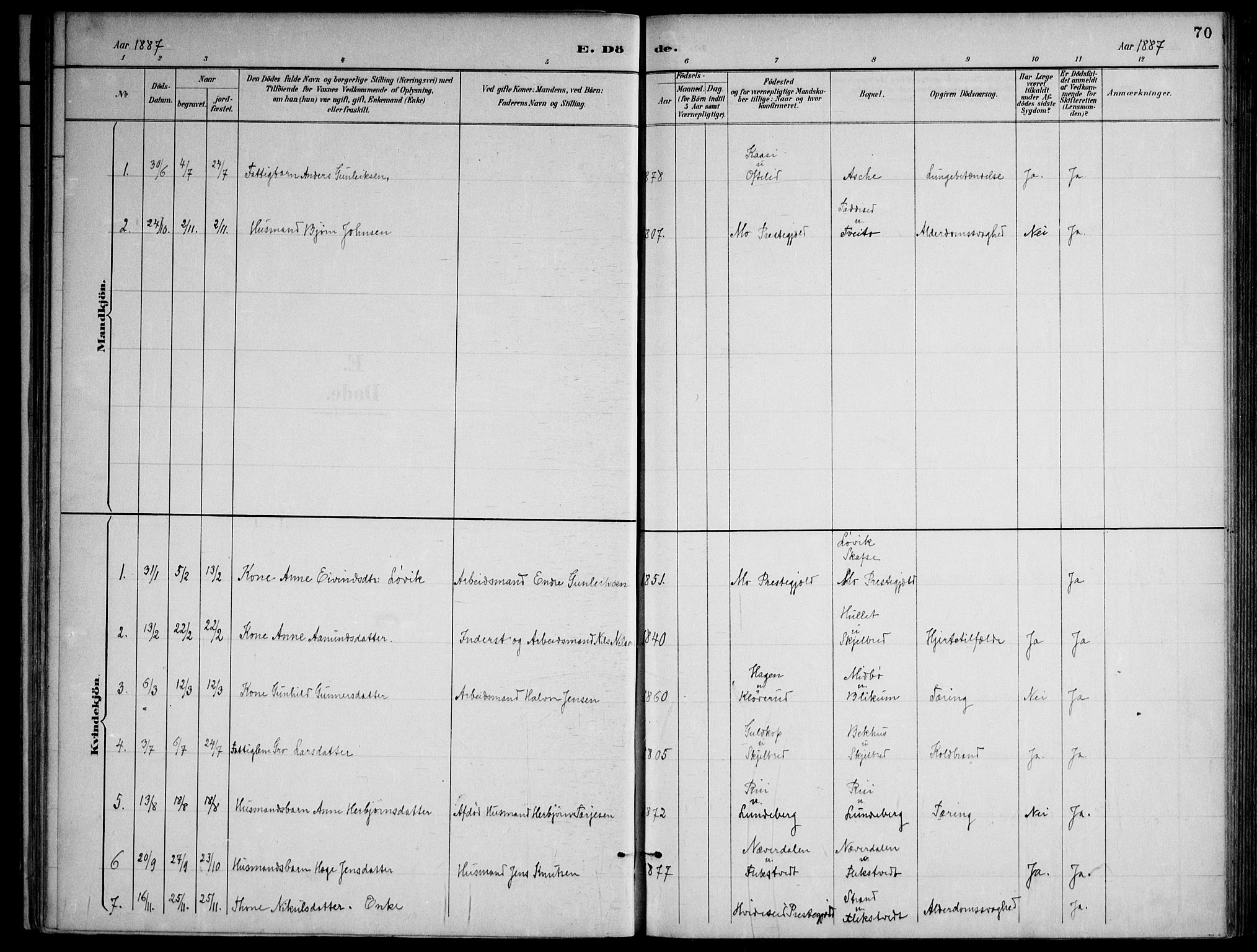 Lårdal kirkebøker, SAKO/A-284/F/Fa/L0007: Parish register (official) no. I 7, 1887-1906, p. 70