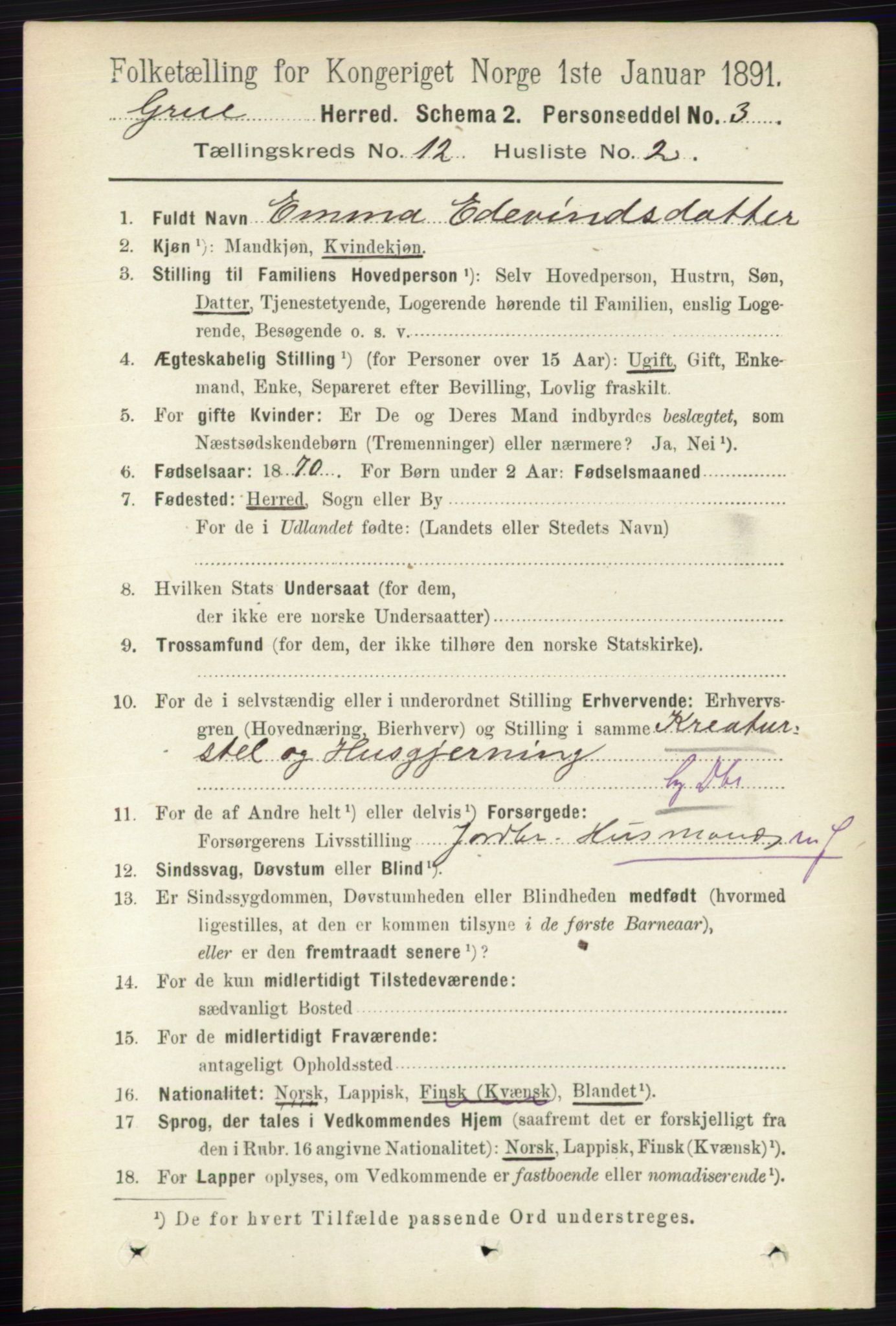 RA, 1891 census for 0423 Grue, 1891, p. 6125