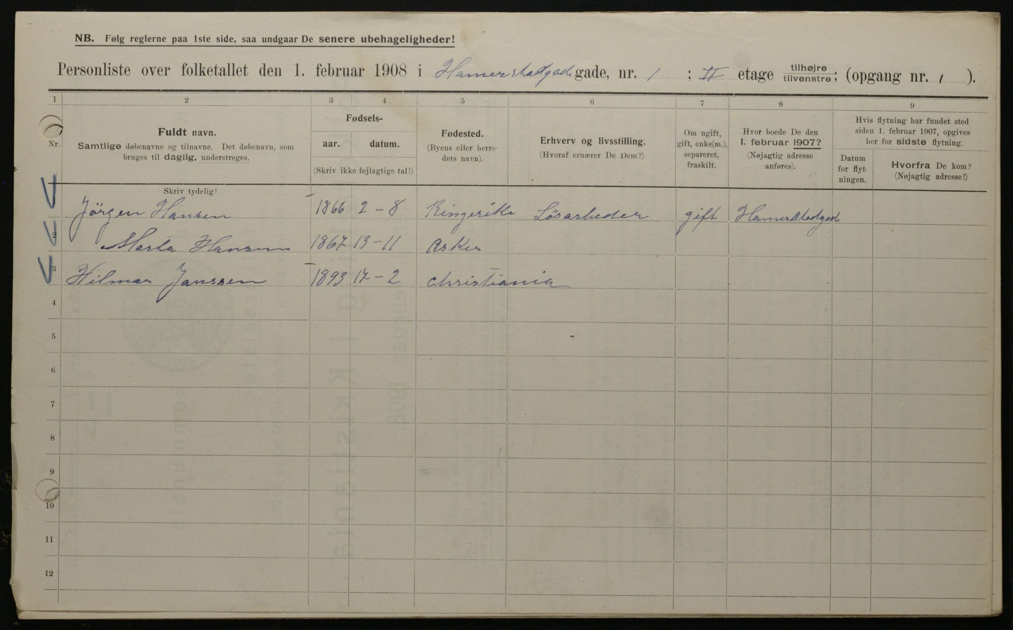 OBA, Municipal Census 1908 for Kristiania, 1908, p. 31121